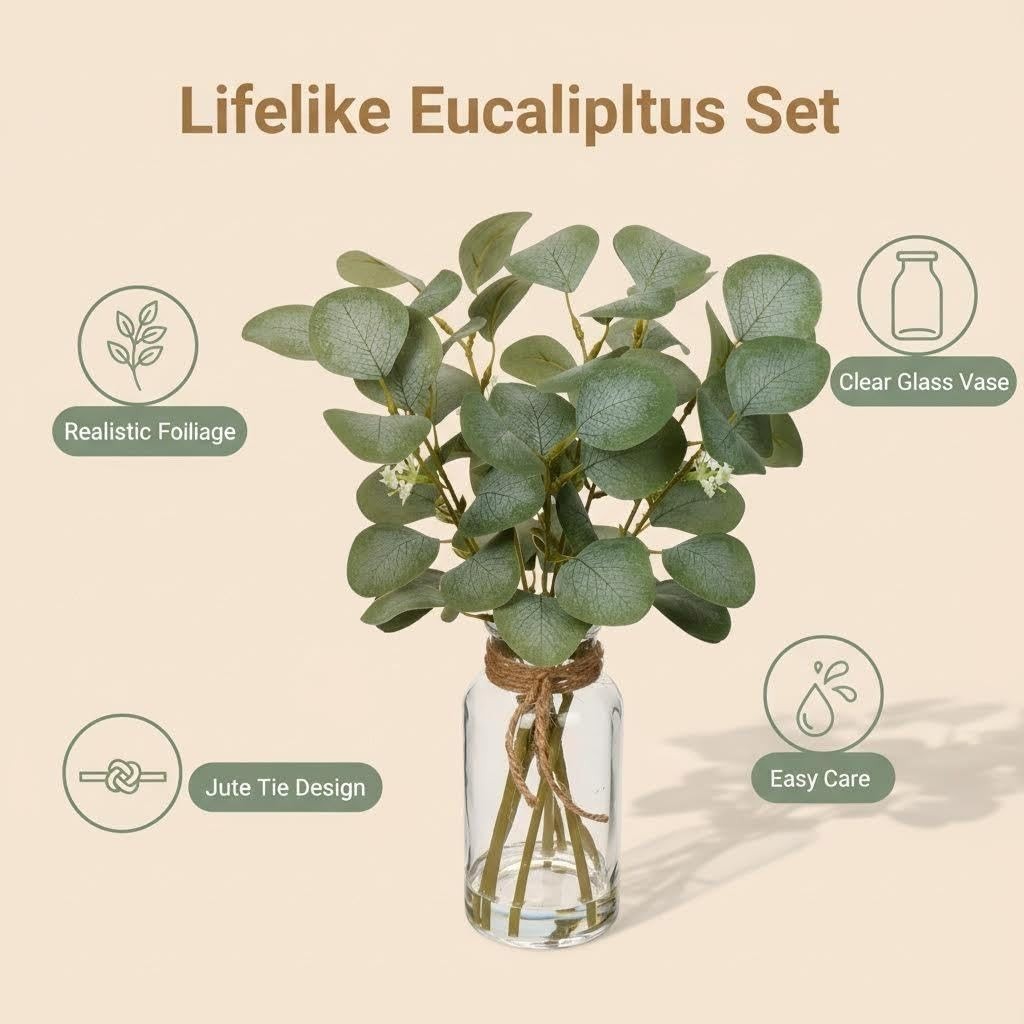 Artificial Eucalyptus Stems in Glass Vase with Faux Water, 14″ Fake Plant Euc…