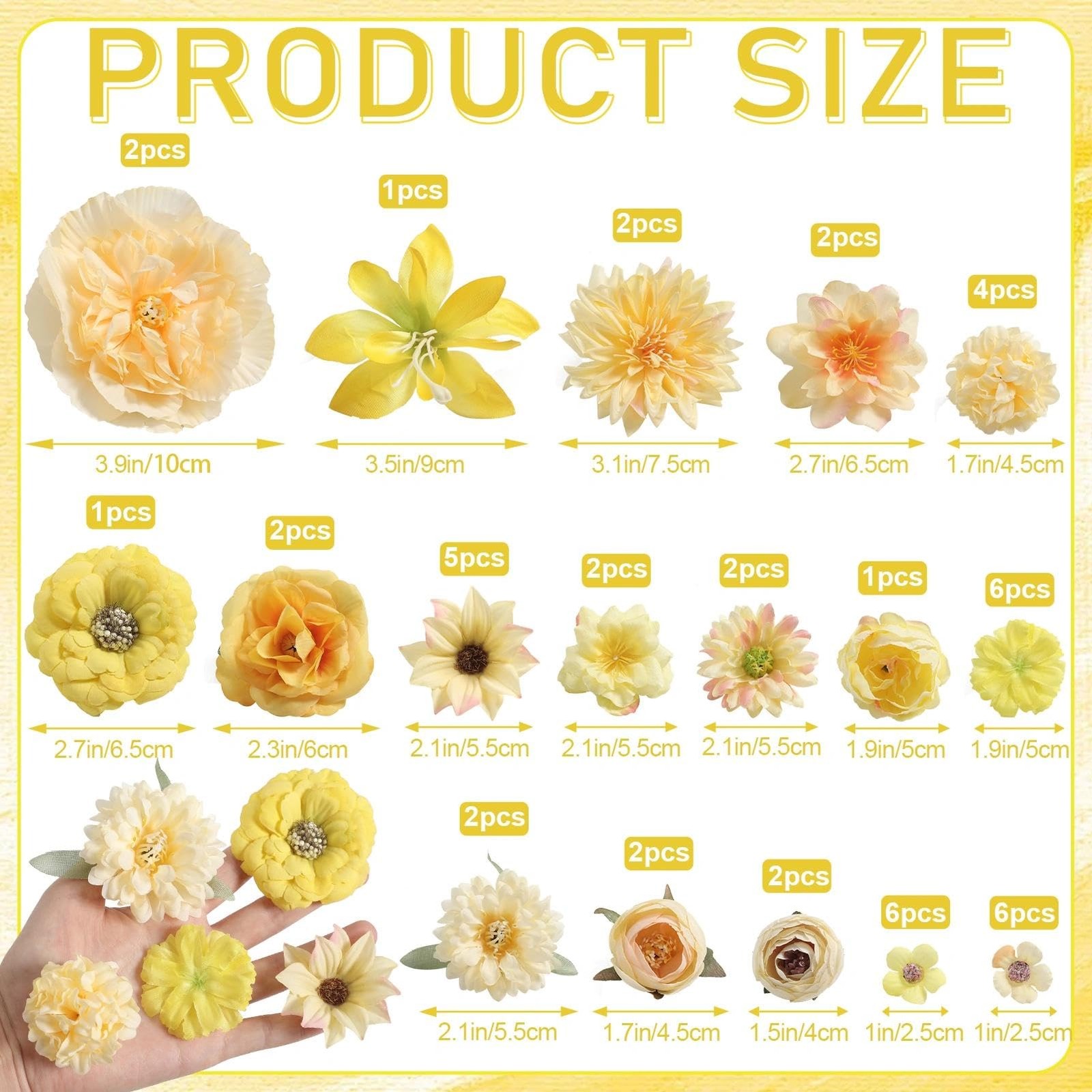 48 PCS Artificial Flower Heads Combo Yellow Silk Bulk Faux Rose Wedding Decor