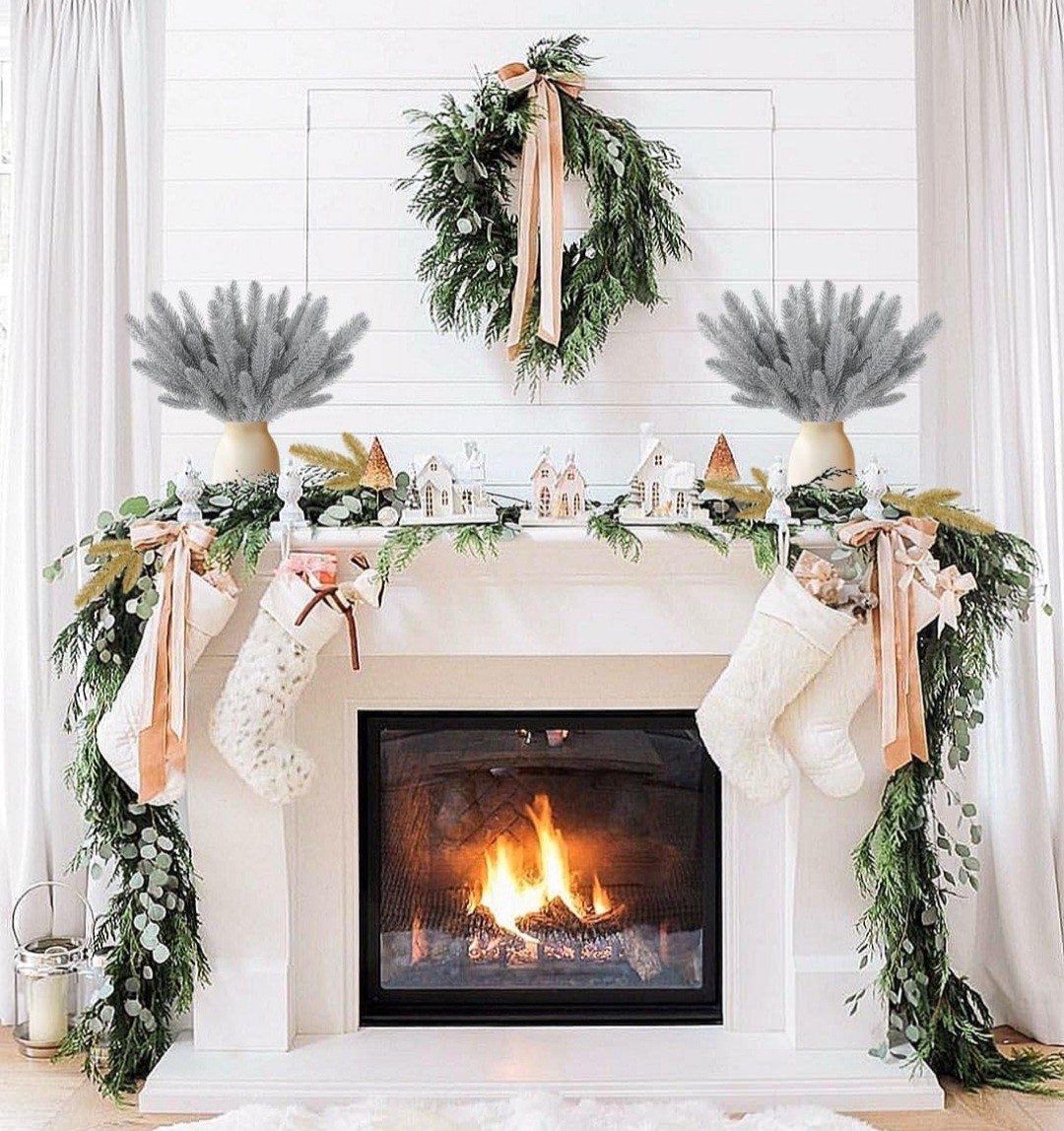 Recutms 20pcs Artificial Pine Needles Branches Christmas Glitter Twigs Pine…