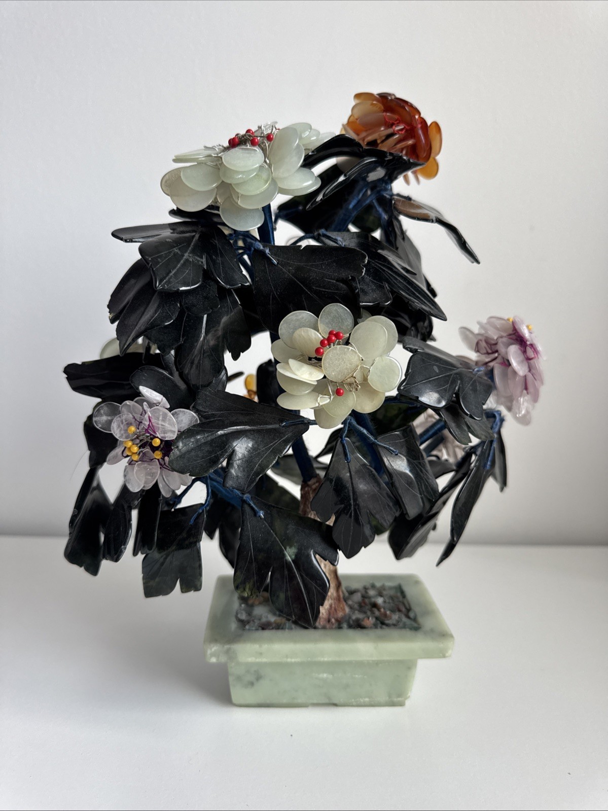 Vintage Lucky Jade and Semiprecious Stone Hand Wired Bonsai Tree