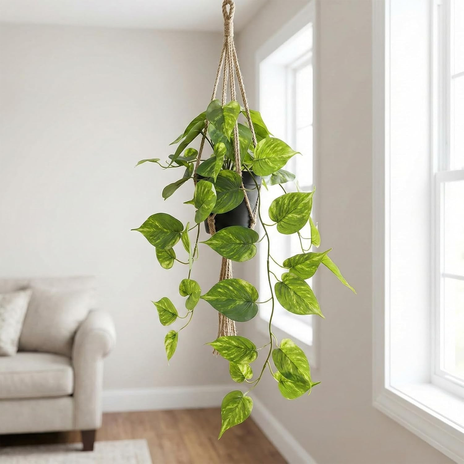Fake Pothos Hanging Plants – Artificial Plastic Ivy Vines with Pots, Realistic F