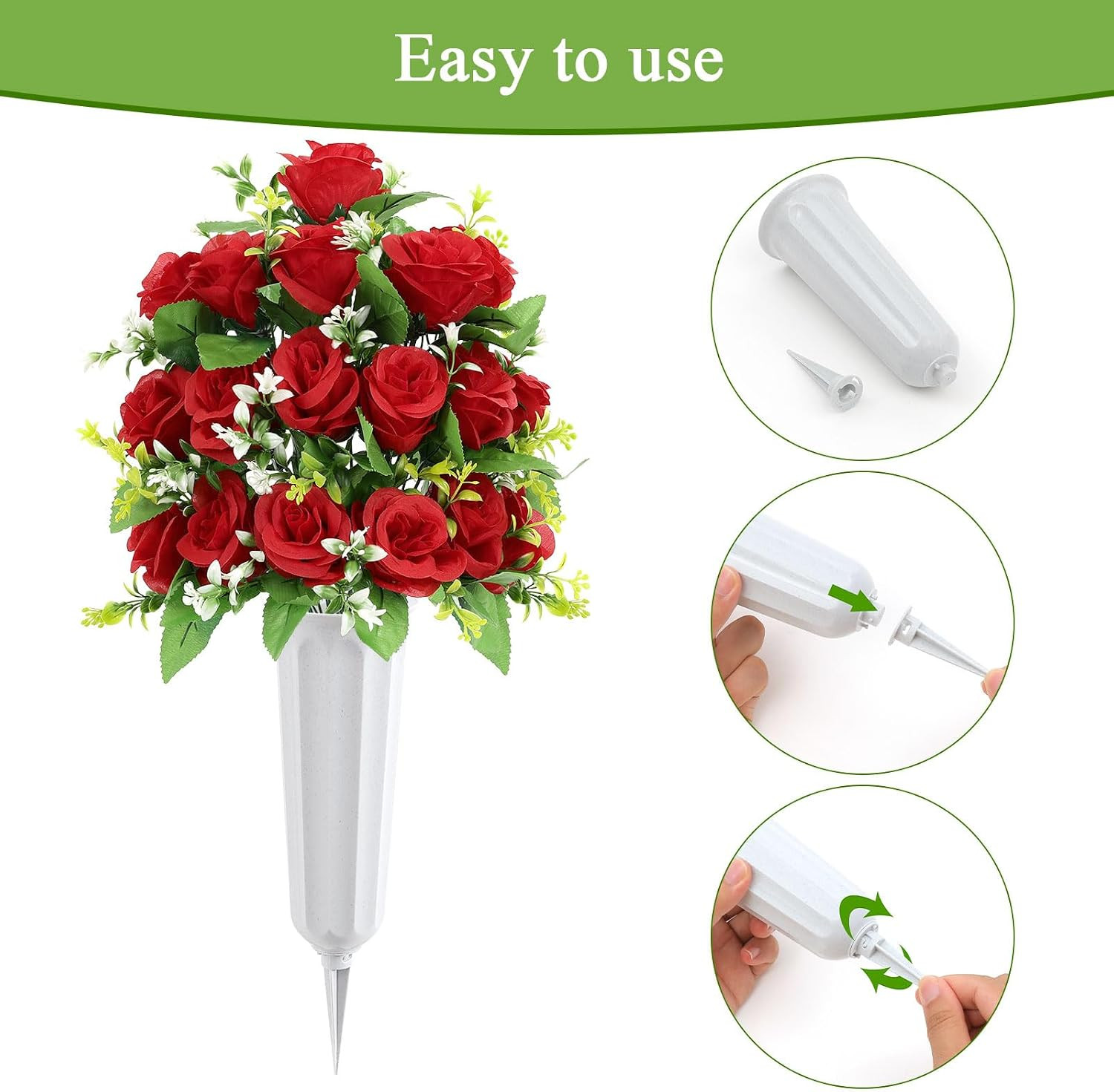 2Pcs Artificial Cemetery Flowers with Vase for Grave, Silk Memorial Day Rose Flo
