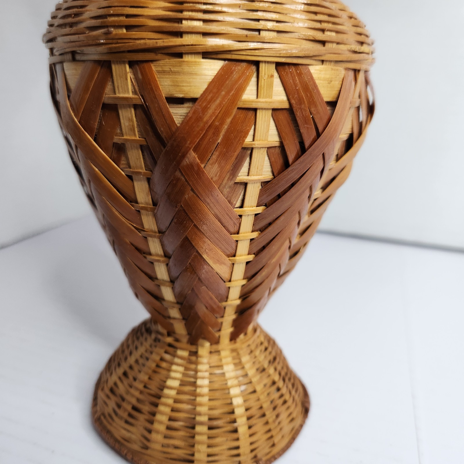 Vintage Woven Rattan Bamboo Vase w Faux Floral Arrangement Boho Cottage Decor