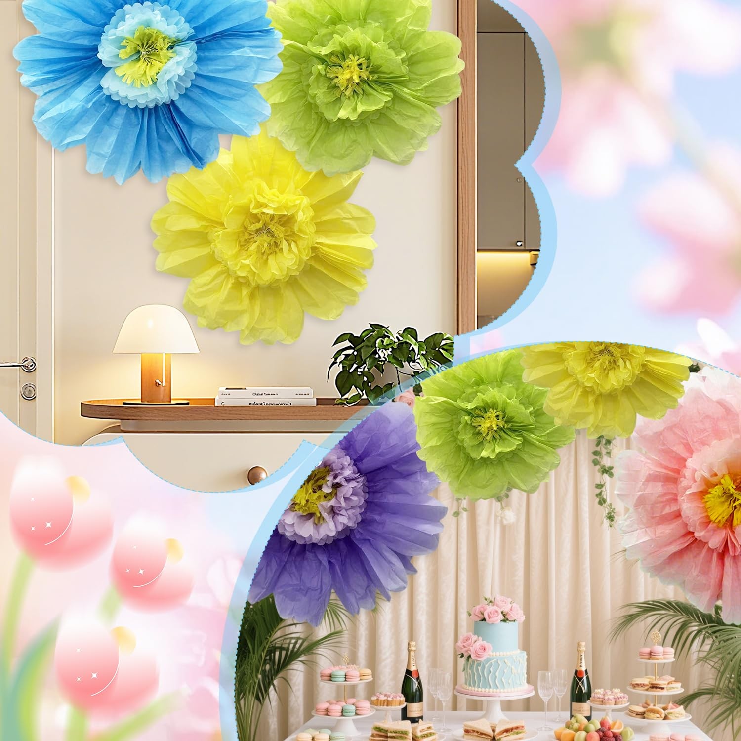 6 PCS Colorful Giant Paper Flowers 39.4/31.5/23.6 Inch Wall Decoration