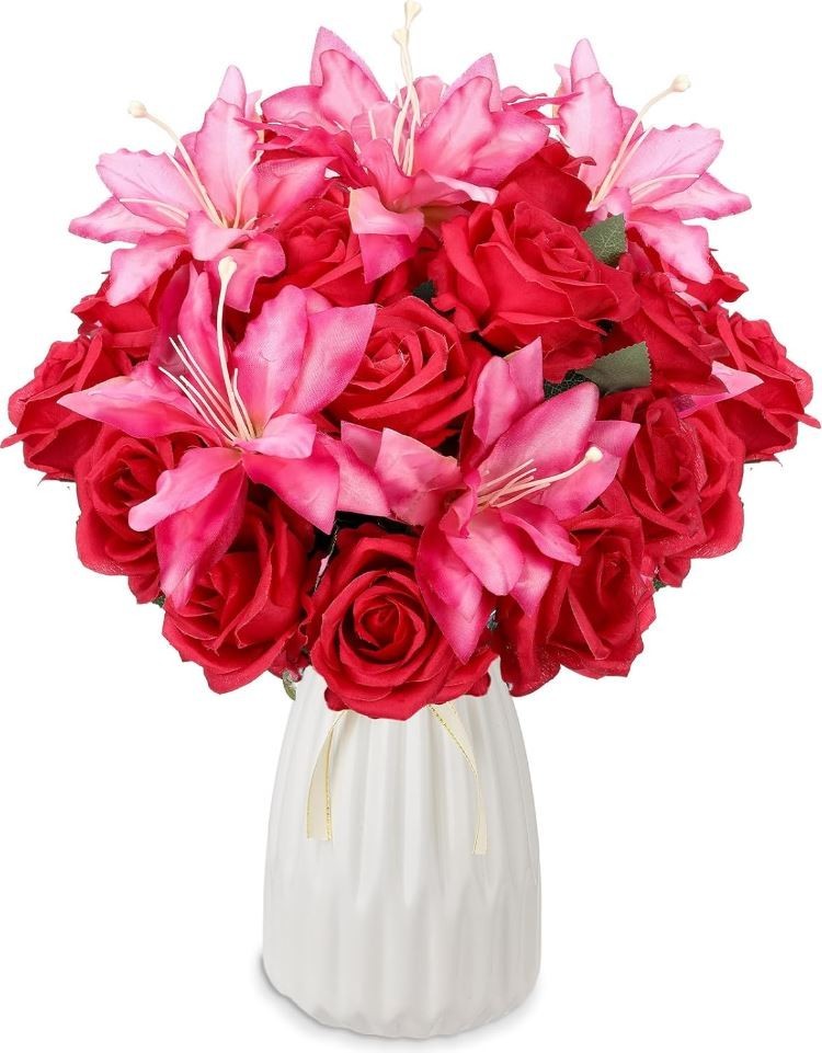 20 Pcs Artificial Lily and Rose Bouquet Red & Pink Realistic Silk Flower-j