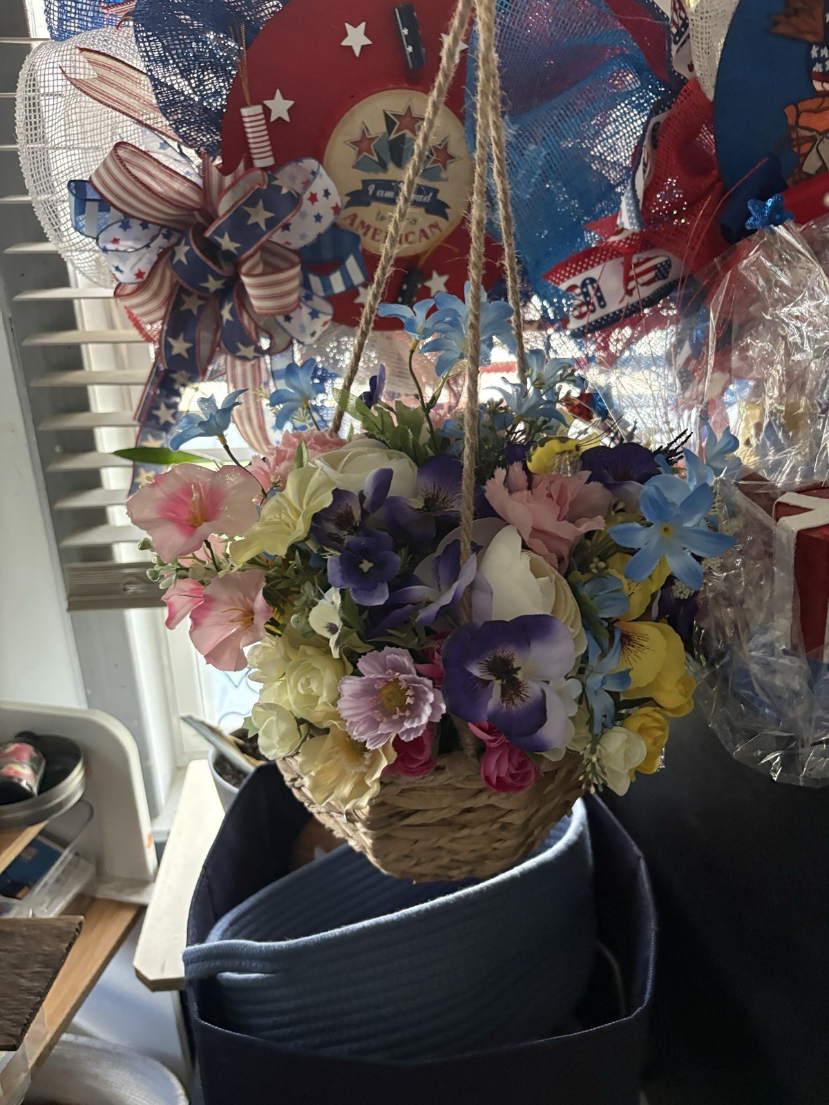 Artificial Multicolor Floral Flower Basket Wall Decor Arrangement