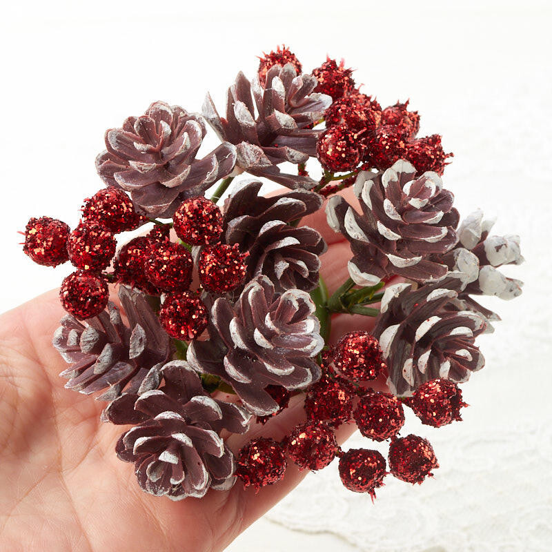 Set of 6 Red Glittered Artificial Berry and Pinecone Candle Rings