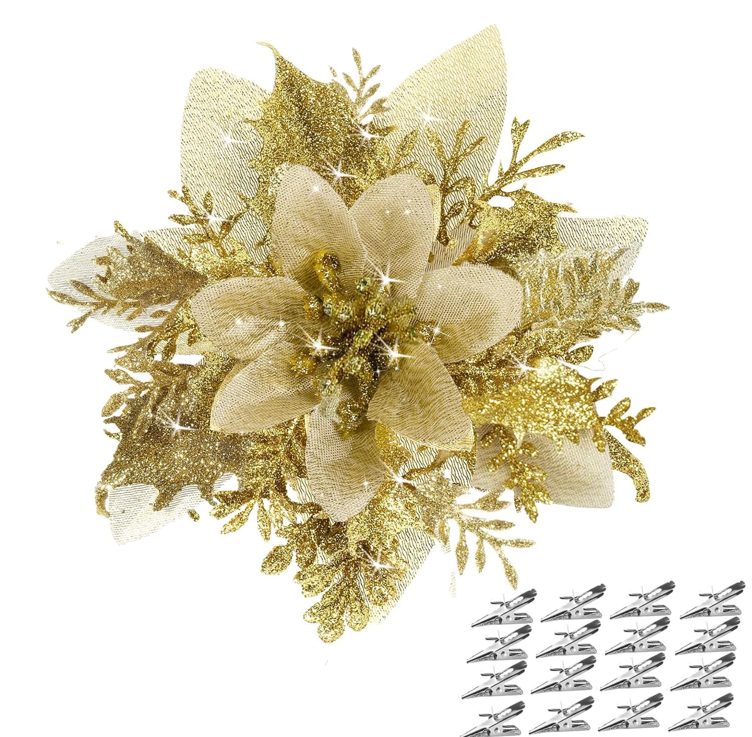 Artificial Poinsettia Flowers Clips Christmas Tree Glitter Ornaments 18 Pack