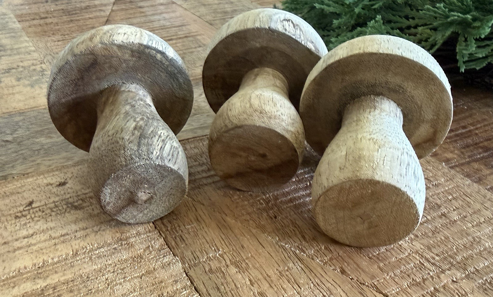 3 Hand Carved Wood Mushrooms Roughly 2.5 in Home/Shelf Decor