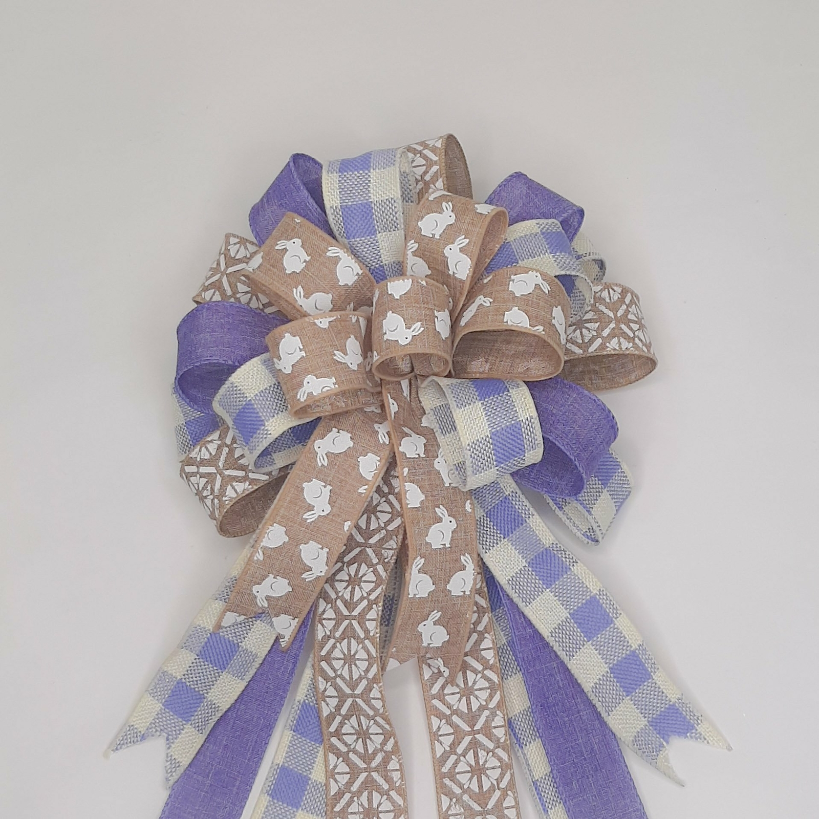 Easter Bow, Spring Bow, Wreath Bow, Beige Linen with Rabbit Print, Purple Check,