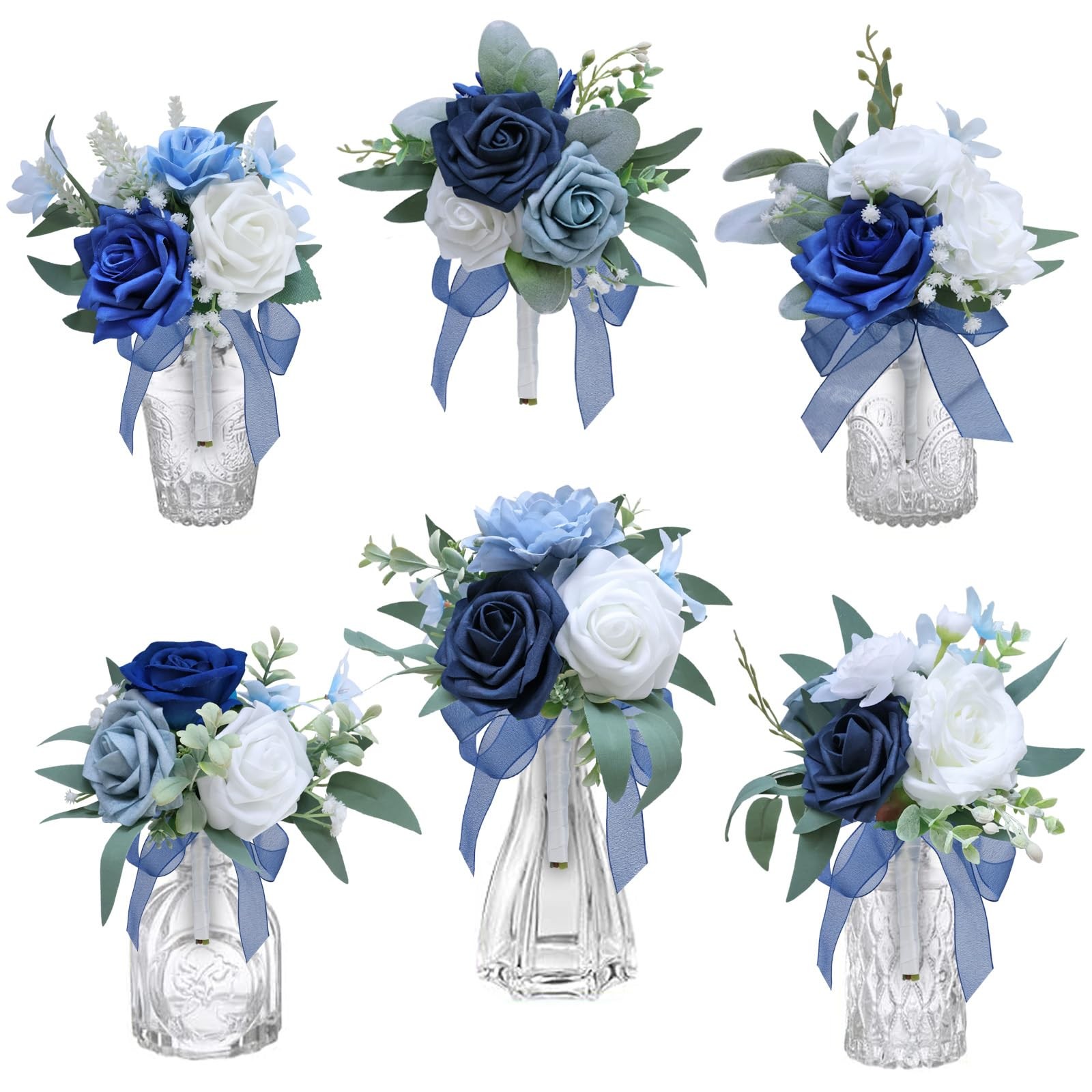 Marriwise Set of 6 Navy Blue Assorted Wedding Flower Centerpieces Pre-Made Mini