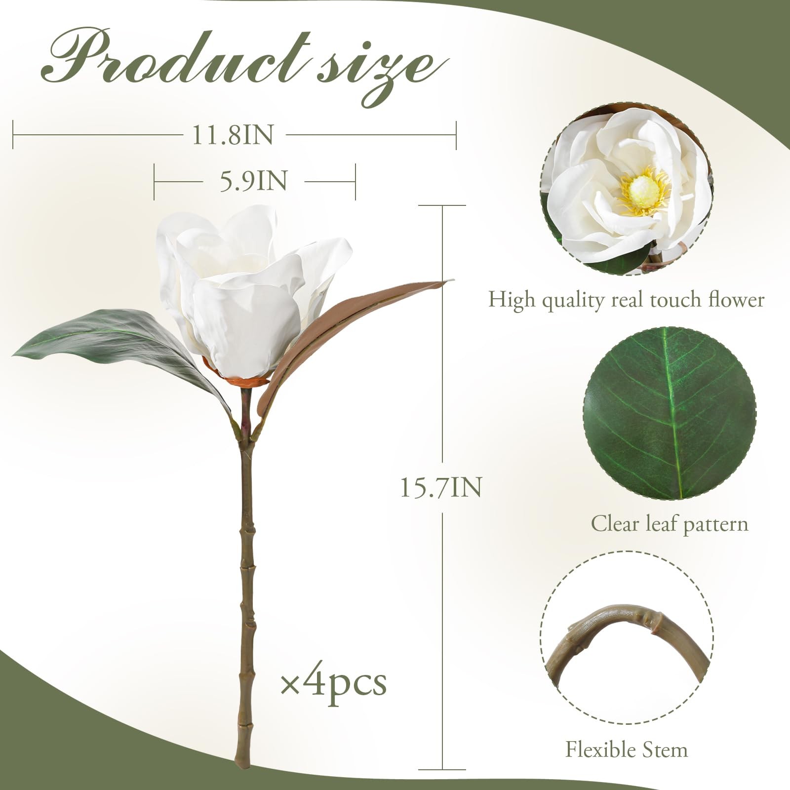 4 Pcs White Artificial Magnolia Flowers, Realistic Magnolia Grandiflora for H…