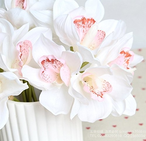 White Latex Real Touch Cymbidium Orchid Artificial Flower Bouquet 12 PCS