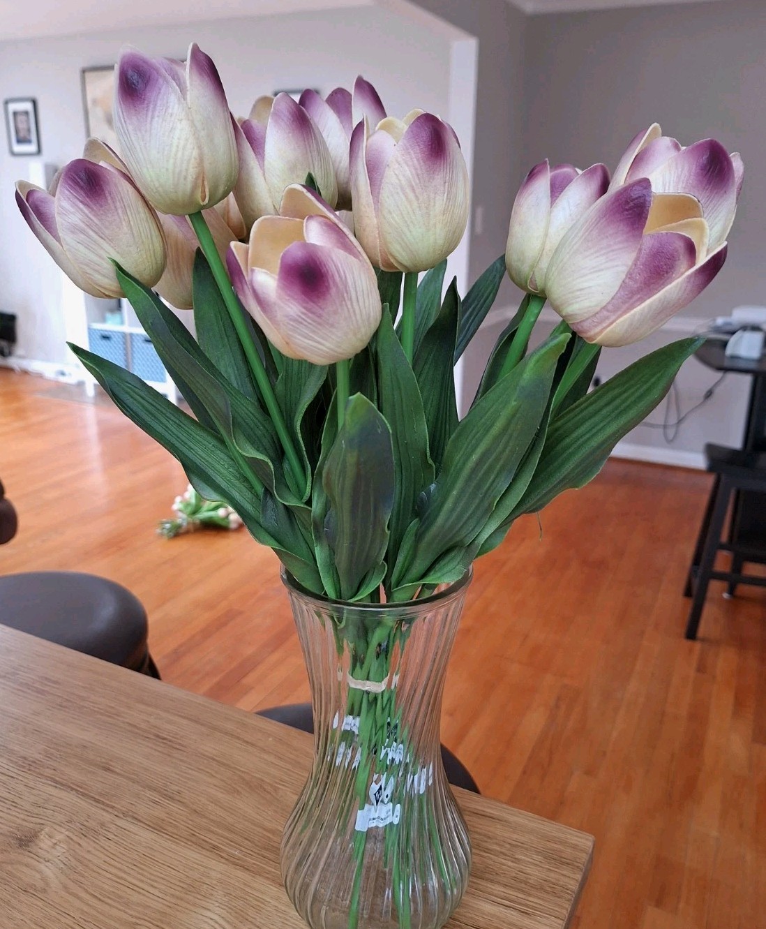Bundle Of 13 Artificial “Real Touch” Tulips Purple And Cream Wedding Home Decor