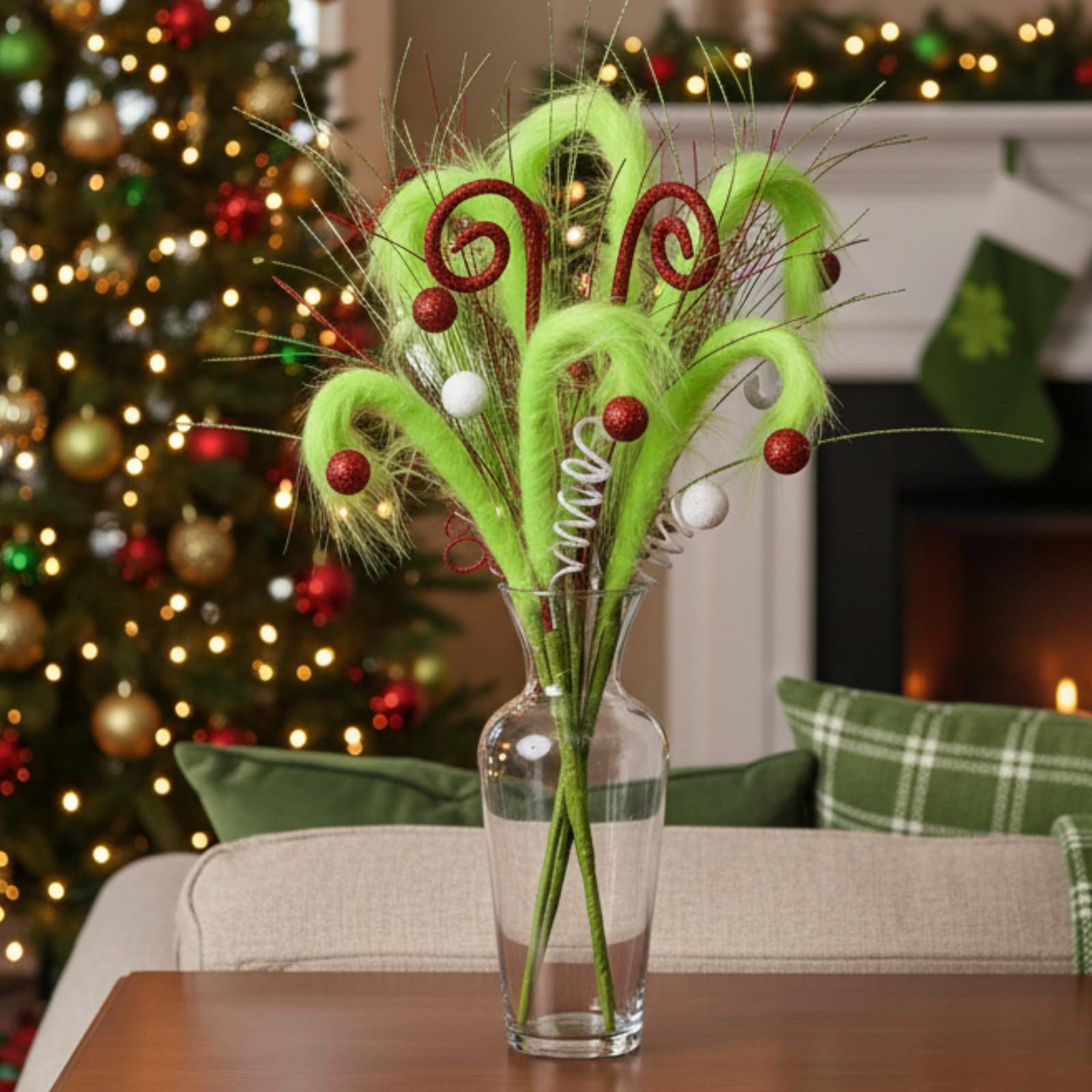 6 Pcs 20 Inch Whimsical Lime Green Furry Curly Christmas Tree Picks and Spray…