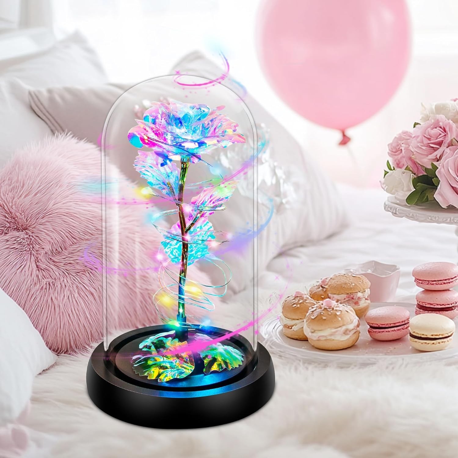 Color-Changing Rotating Rose in Glass Dome – A Unique Gift for Mom or Loved Ones