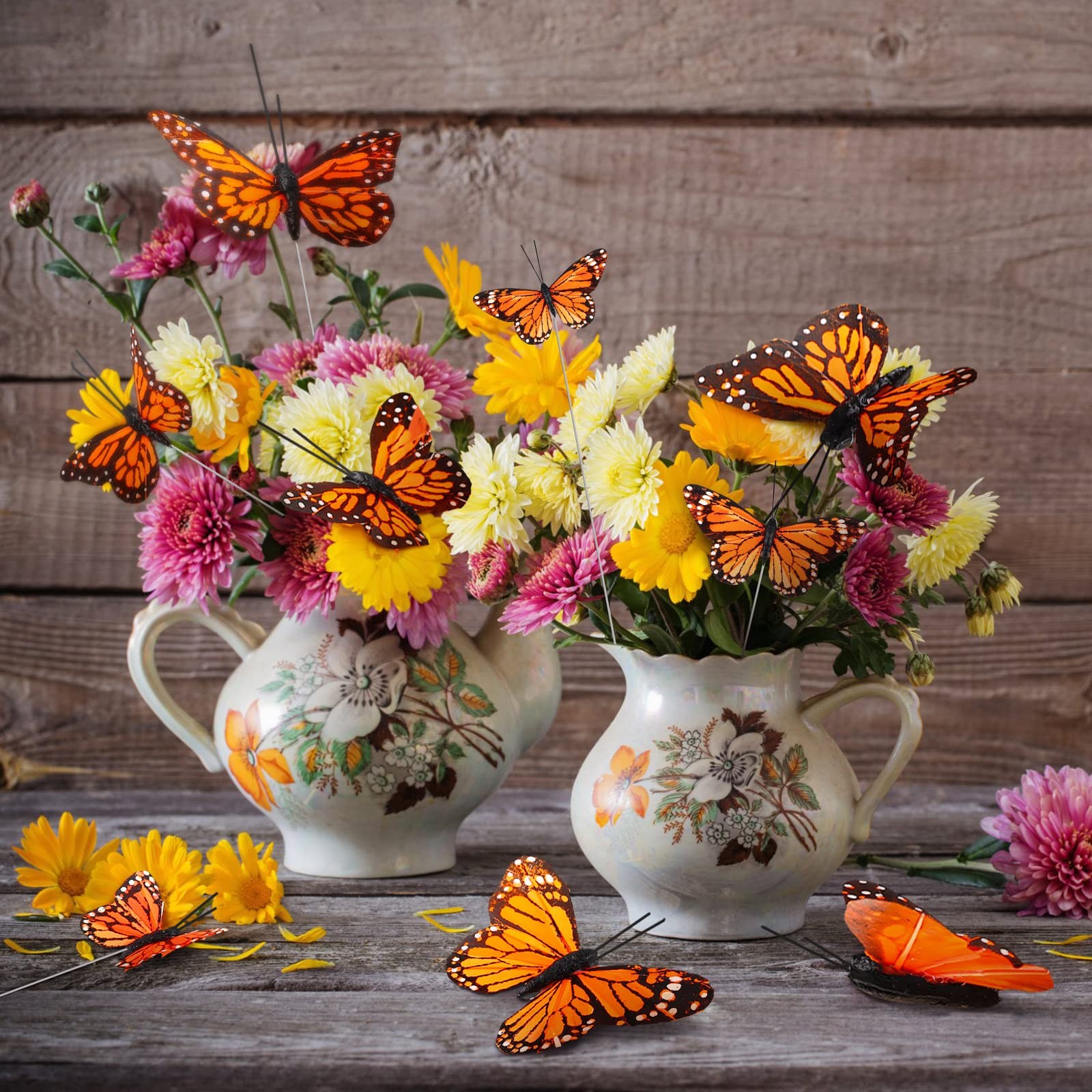 24 Pcs Monarch Butterfly Decorations 4 Size Artificial Monarch Feather Fake B…