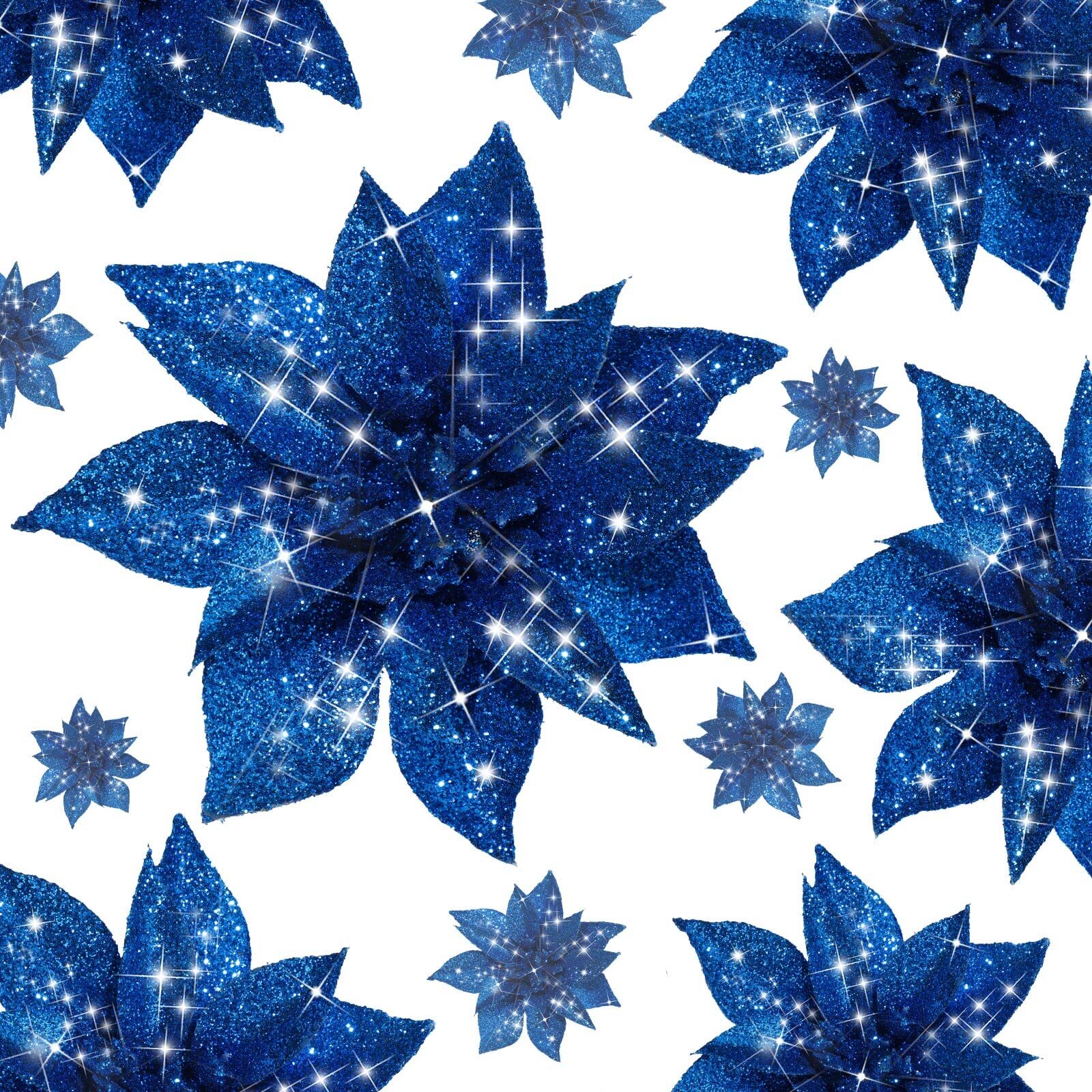30 Pcs Dark Blue Christmas Glitter Artificial Poinsettia Flower Tree Decoration