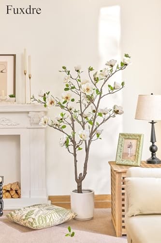 Artificial Magnolia Tree, 4.9 ft Tall Fake Indoor Tree, 4ft 11in White & Yellow