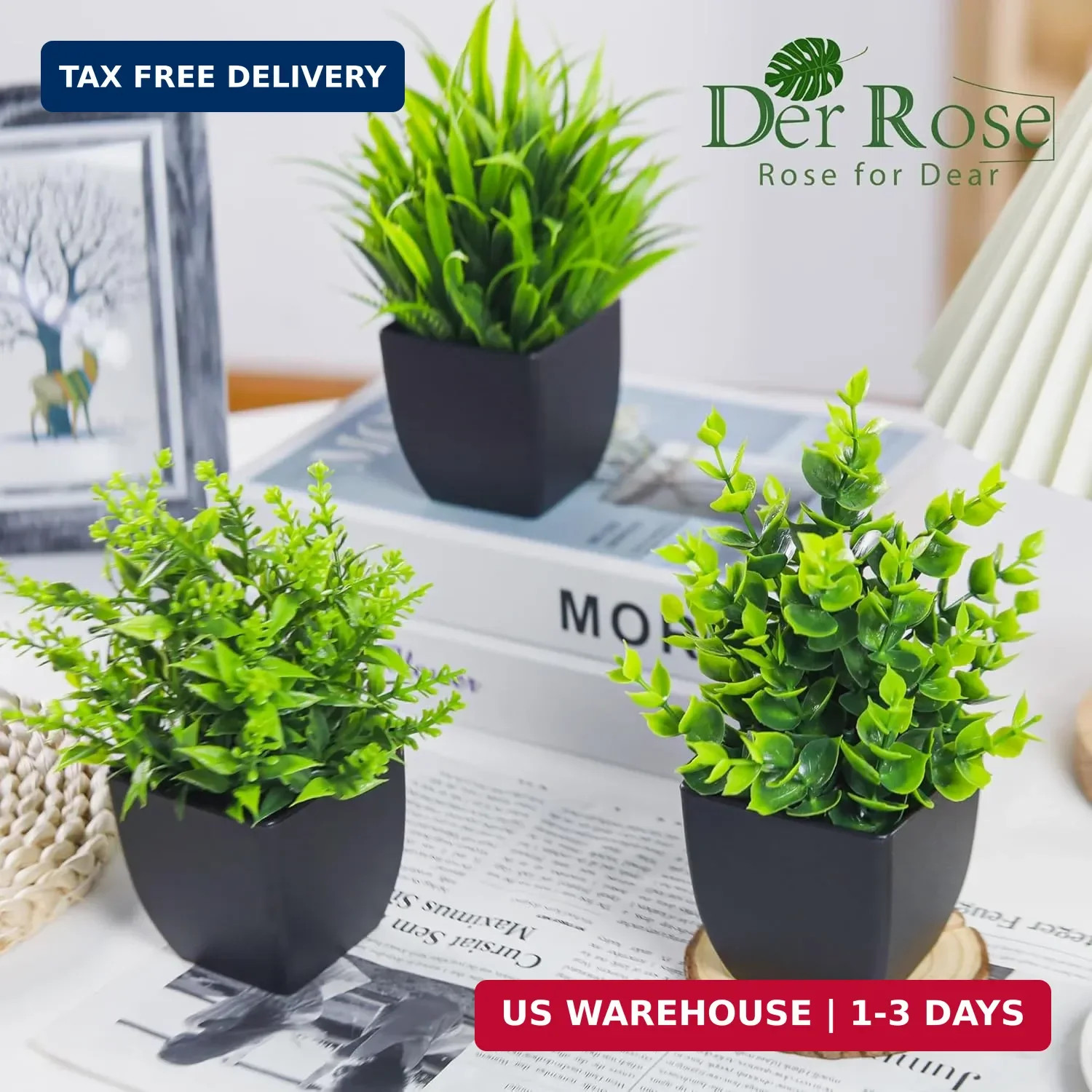 Der Rose 4 Packs Fake Plants Small Artificial Mini Faux Plants for Bathroom Home