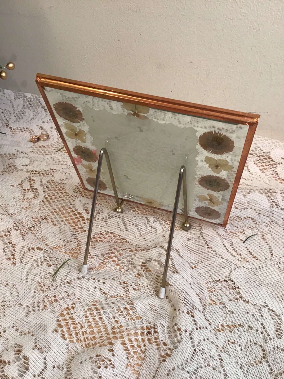 Pressed Dried Flowers Beveled Glass Verse TO HIS MOTHER – Display- Copper Edge