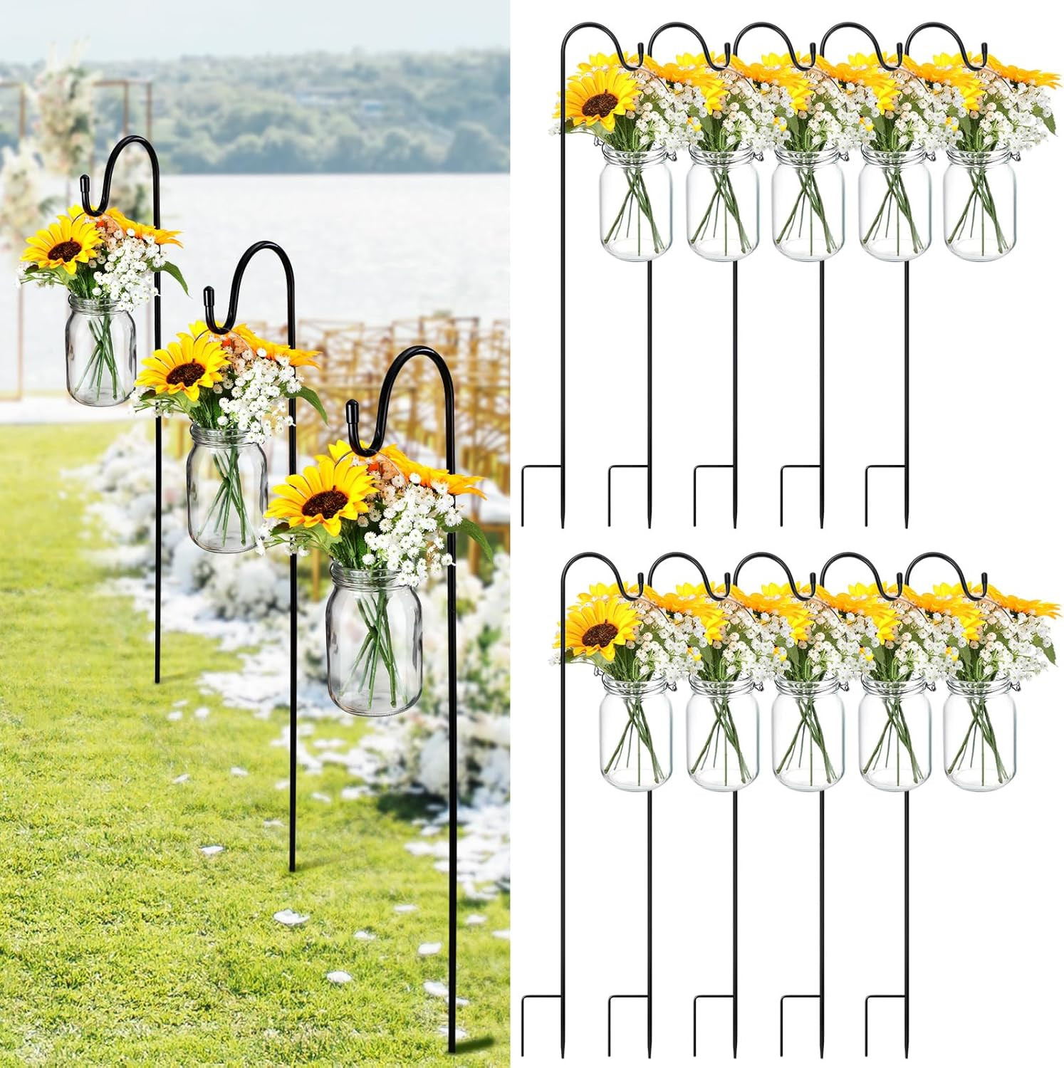 Sunflower Mason Jar Wedding Decor Kit with Shepherd Hooks – 108 Pcs Set
