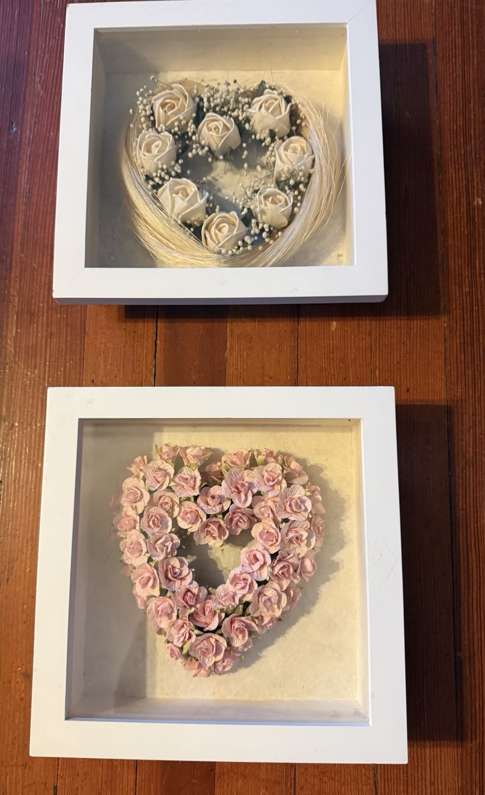 Set of 2 Vintage Shadow Box Floral Heart Wall Art Pink &Ivory Roses Framed Decor