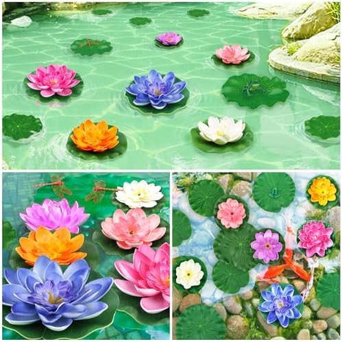 22 Pack Artificial Floating Foam Lotus Flowers with Artificial Frog Lotus Leaves