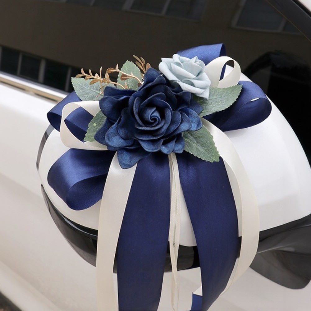 Flower Bow Car Mirror Decor for Wedding Use Plastic 36x17cm with Suction Cup