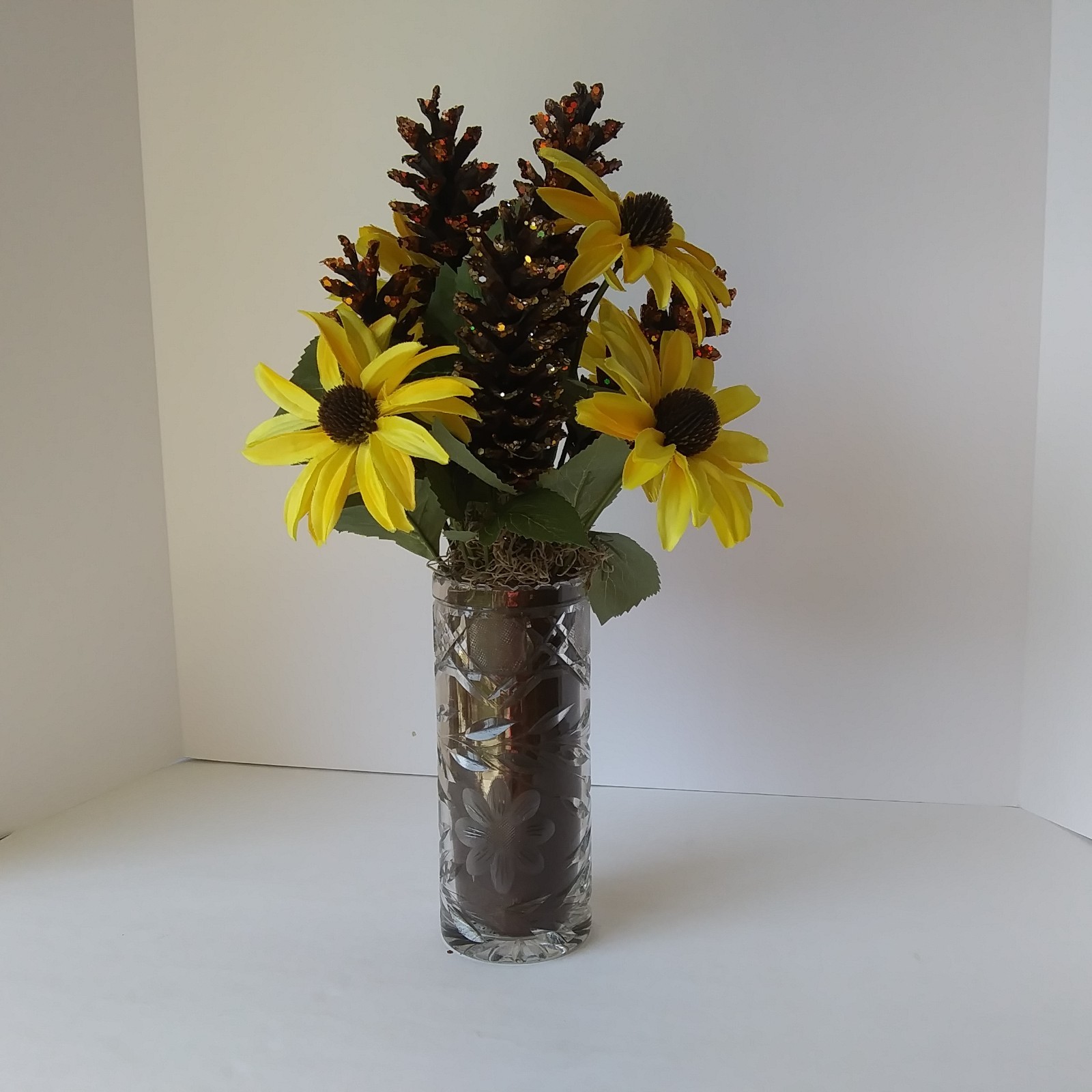 Artificial Yellow Sunflower & Pinecone Fall Arrangement in Cut Glass Vase Decor