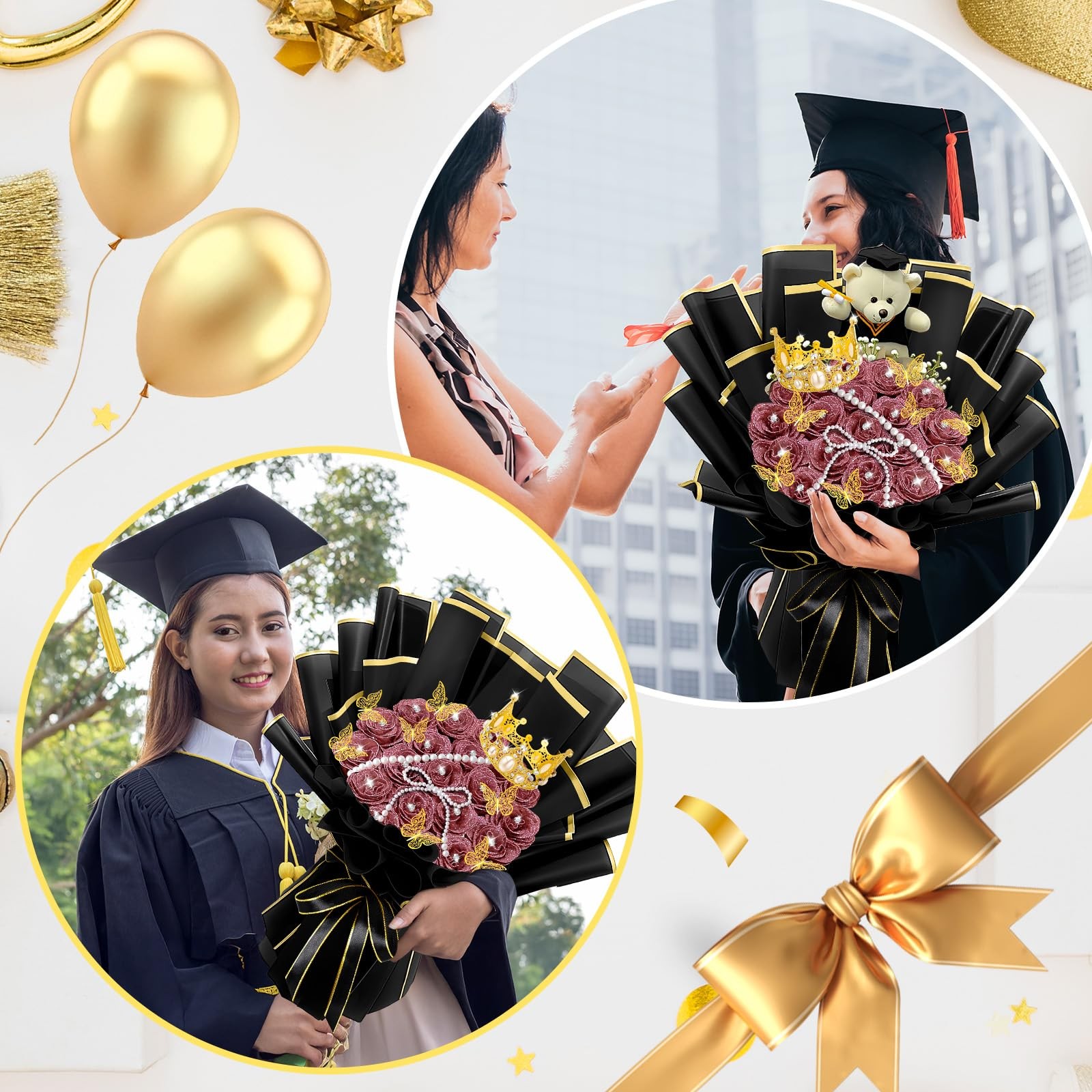 196 Pcs Graduation Gifts DIY Glitter Roses Bouquet Kit Artificial Flower Bouq…