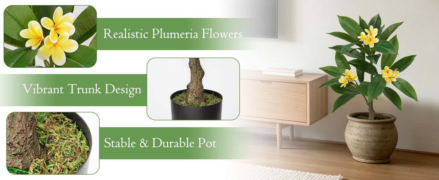 Artificial Plants Indoor 4.17ft Fake Tropical Plumeria Flowers Tree in Black Pot