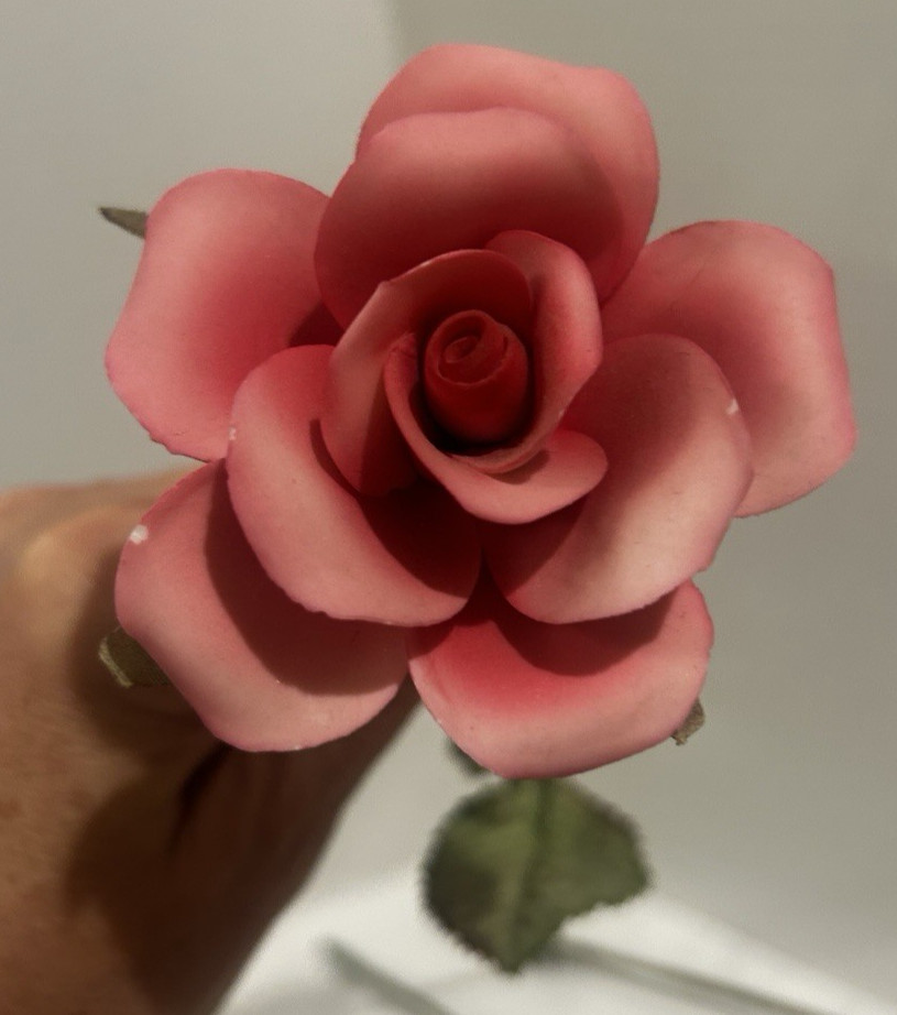 6 Vtg Porcelain Long stem roses silk leaves and wire stems-unique find!