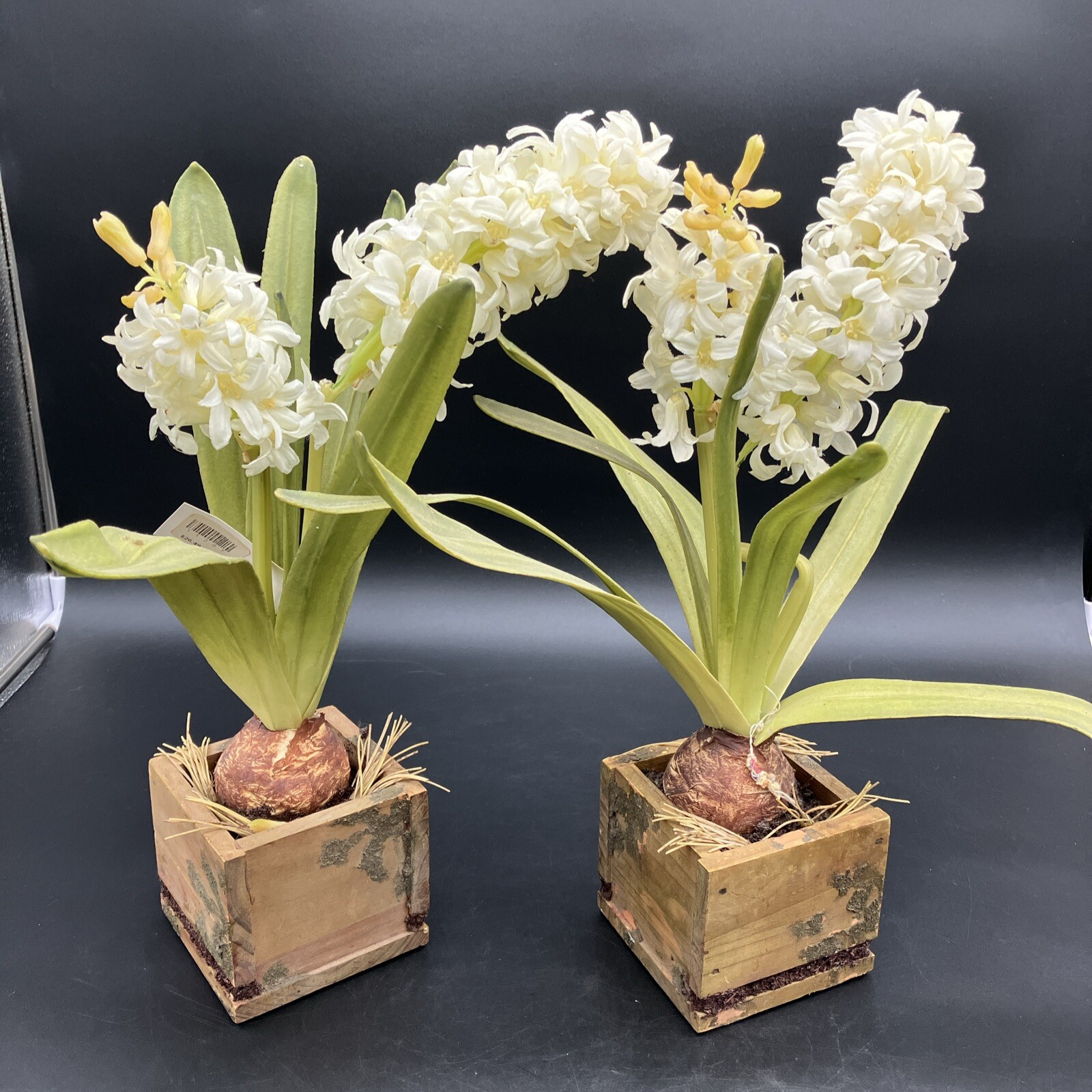 PAIR Faux Hyancinth Bulb And Stem WOOD Planter. Large. Nice.