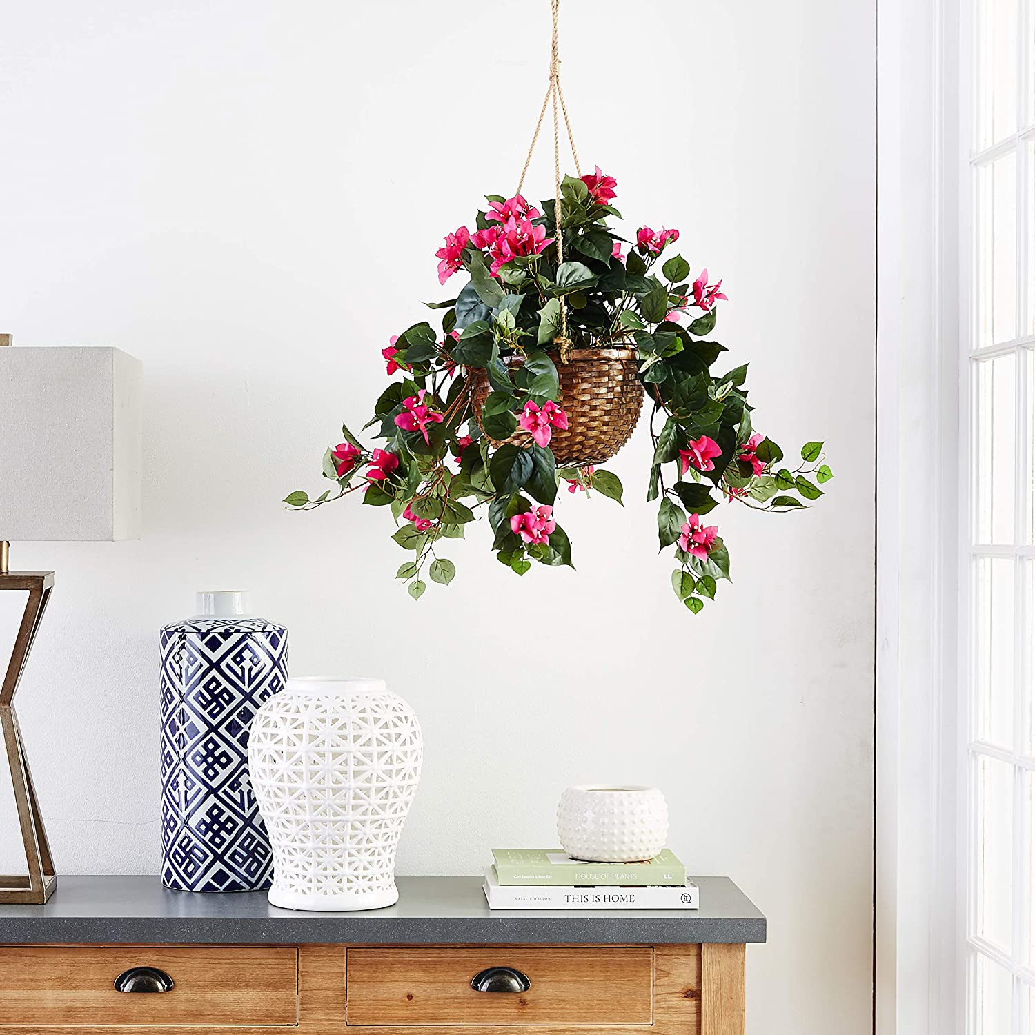 Bougainvillea Basket Silk 1 Artificial Hanging Plant, 32 X 32 X 24, Green, Pink