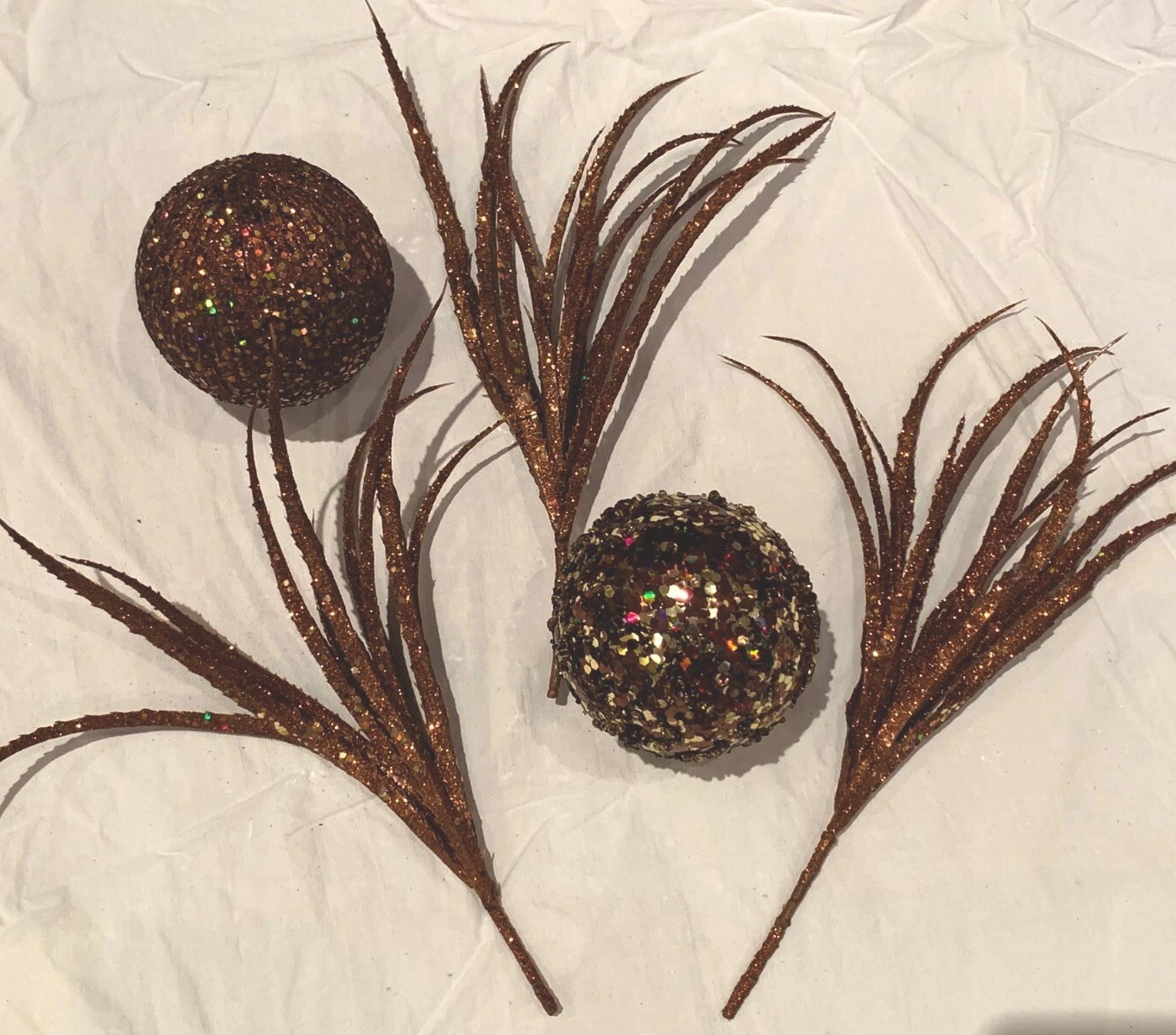 Bronze Gold Swag 2 Orbs 3 Feather Floral Picks Balls Sparkle Holiday Decorating