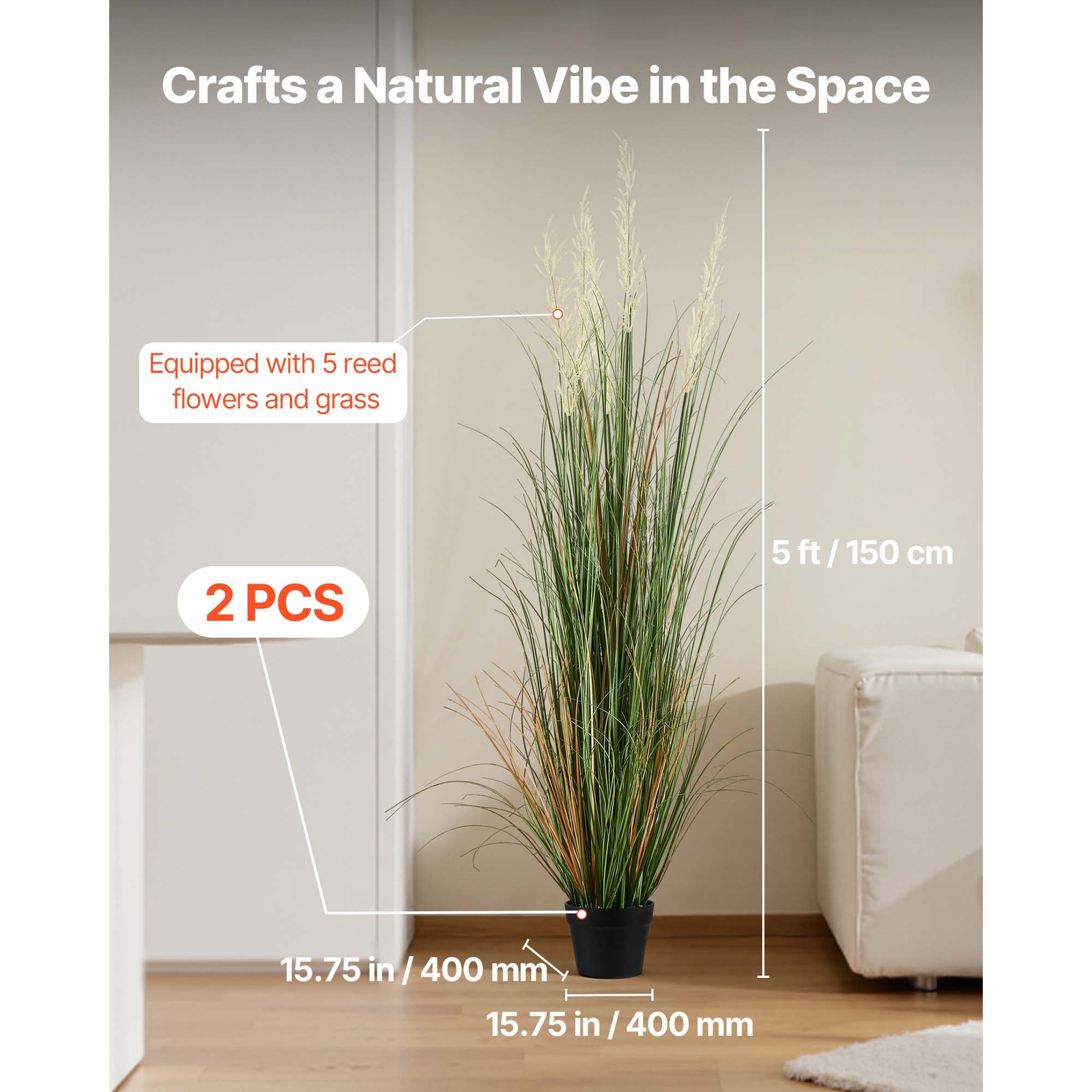 Uimoso Artificial Grass Arrangement 59-Inch Reed Flower Grass in Pot, Set of 2
