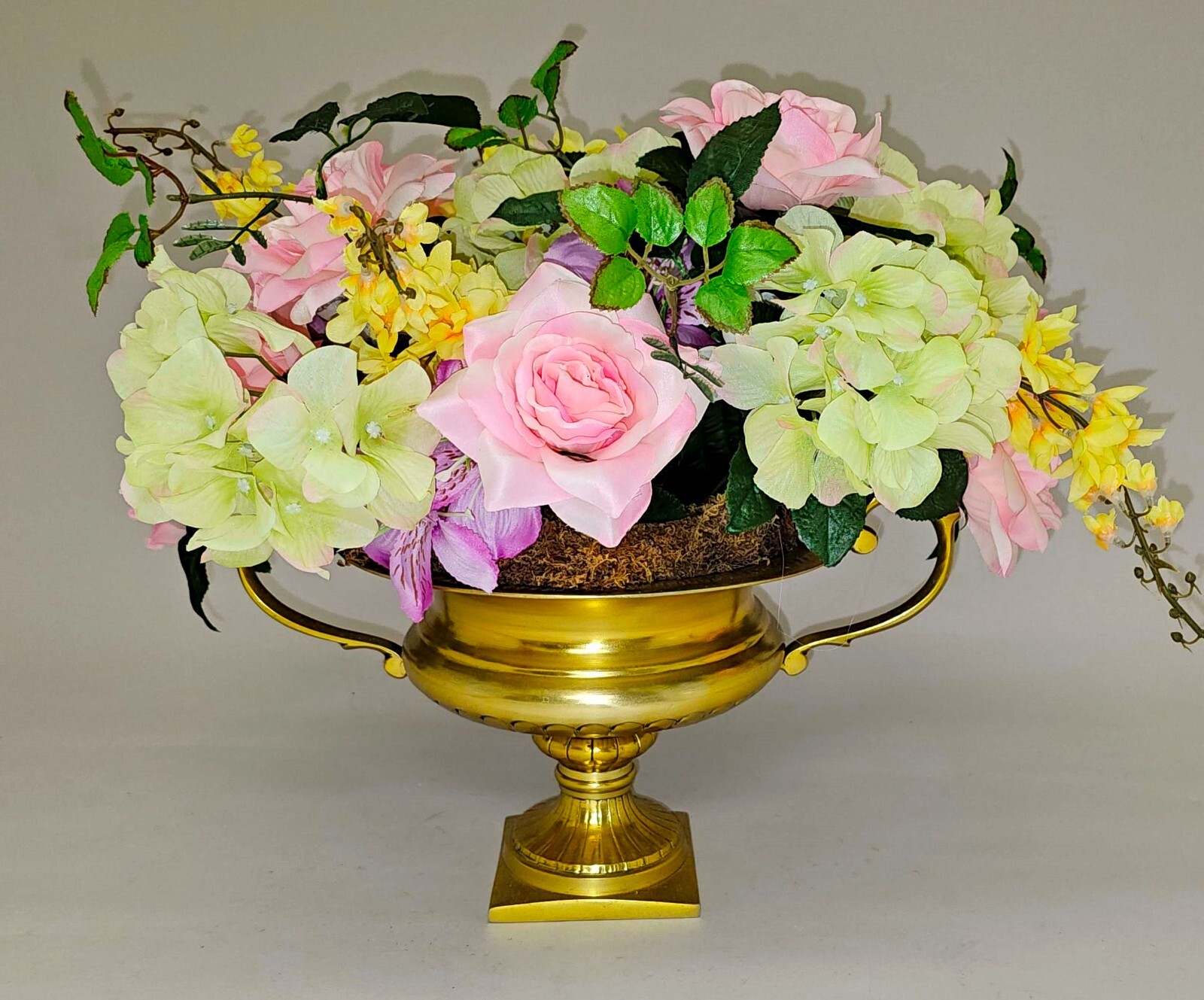 Compote Bowl Vase Gold Finish Aluminum Handles Pedestal Squar Base 10″D 8″H
