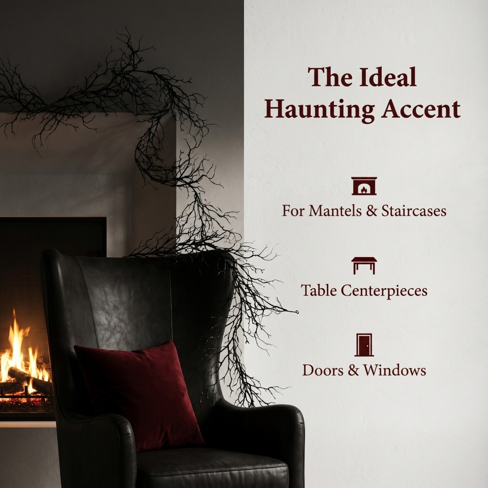 Black Halloween Garland – 6.2ft Branch Twig with Hanging Loop for Mantle, Wall,