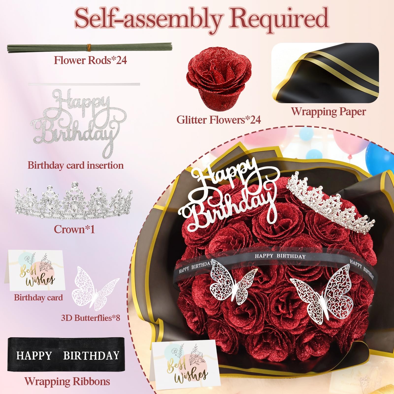 24 PCS Red Glitter Roses Bouquet Fake Flowers With Birthday StandUp Signs DIY