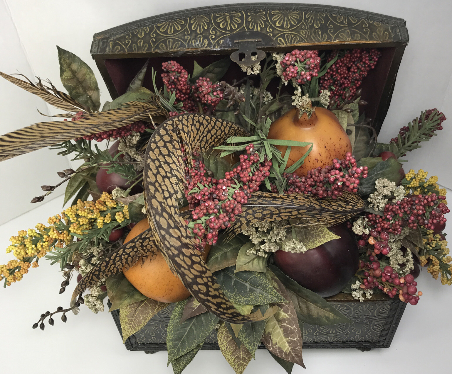 Designer Arrangement Feather Silk Floral Fruit 17” HomeDecor Metal Texas Box EUC