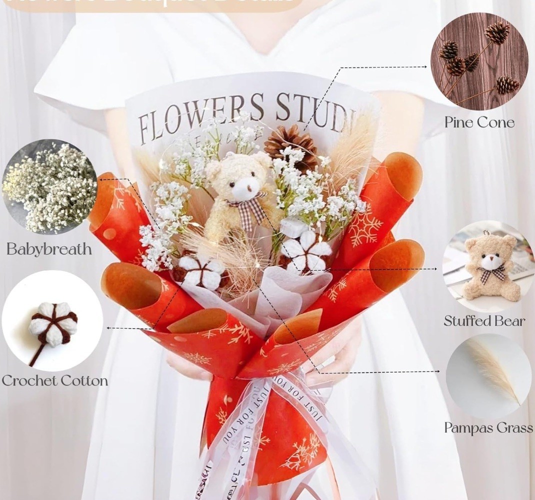 New! Flower Bouquet with Stuffed Bear, Flowers Gift, Exquisite Wrap & Bow