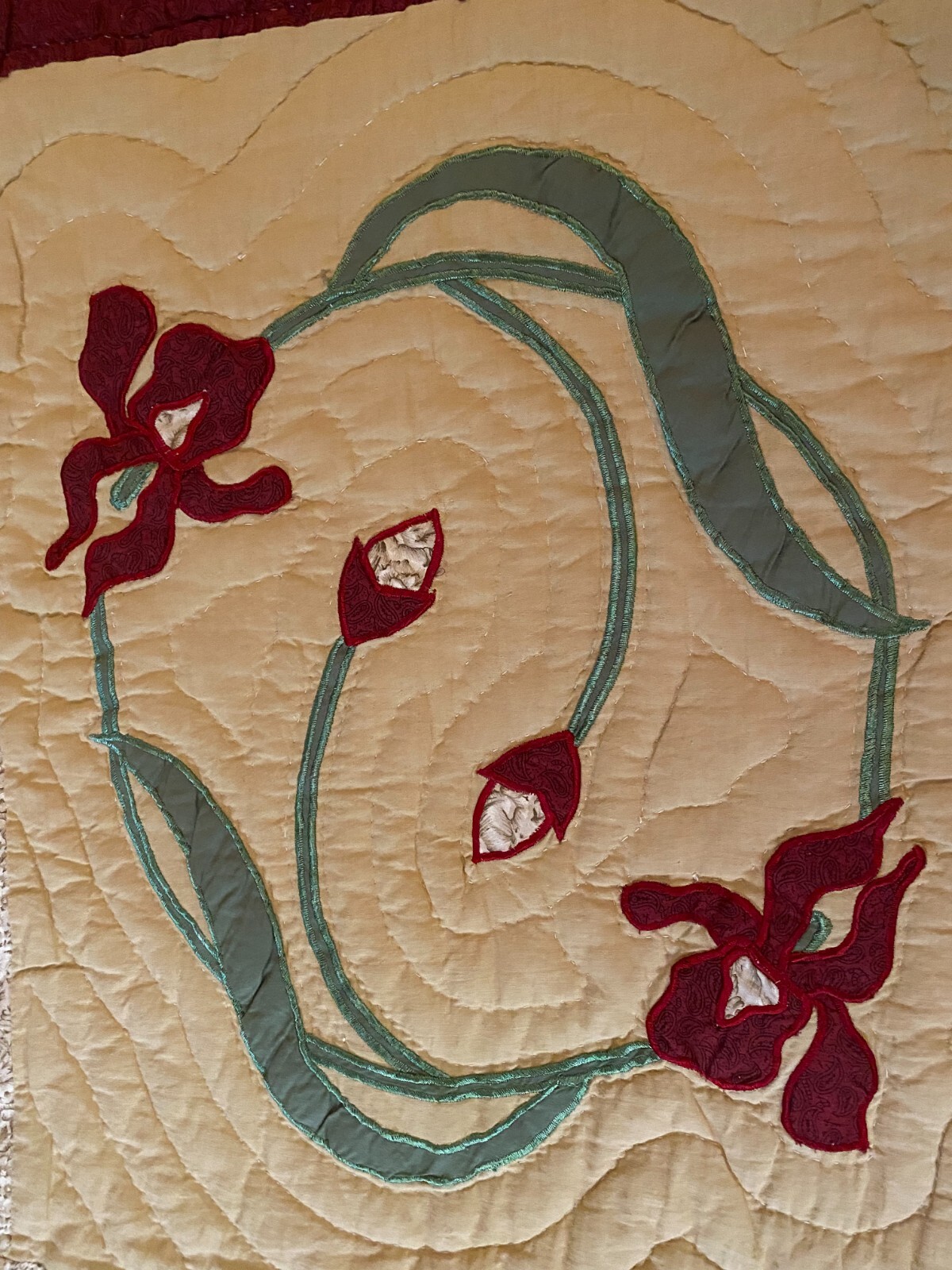 Hand Made Wall Hanging Floral Tan Red Green Hand Stitch