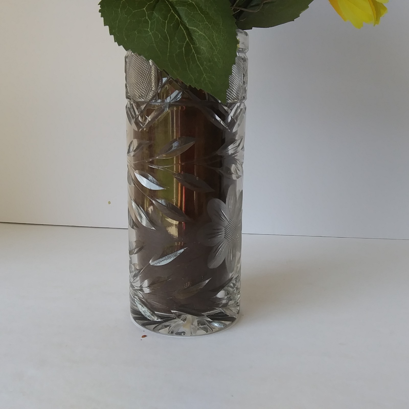 Artificial Yellow Sunflower & Pinecone Fall Arrangement in Cut Glass Vase Decor