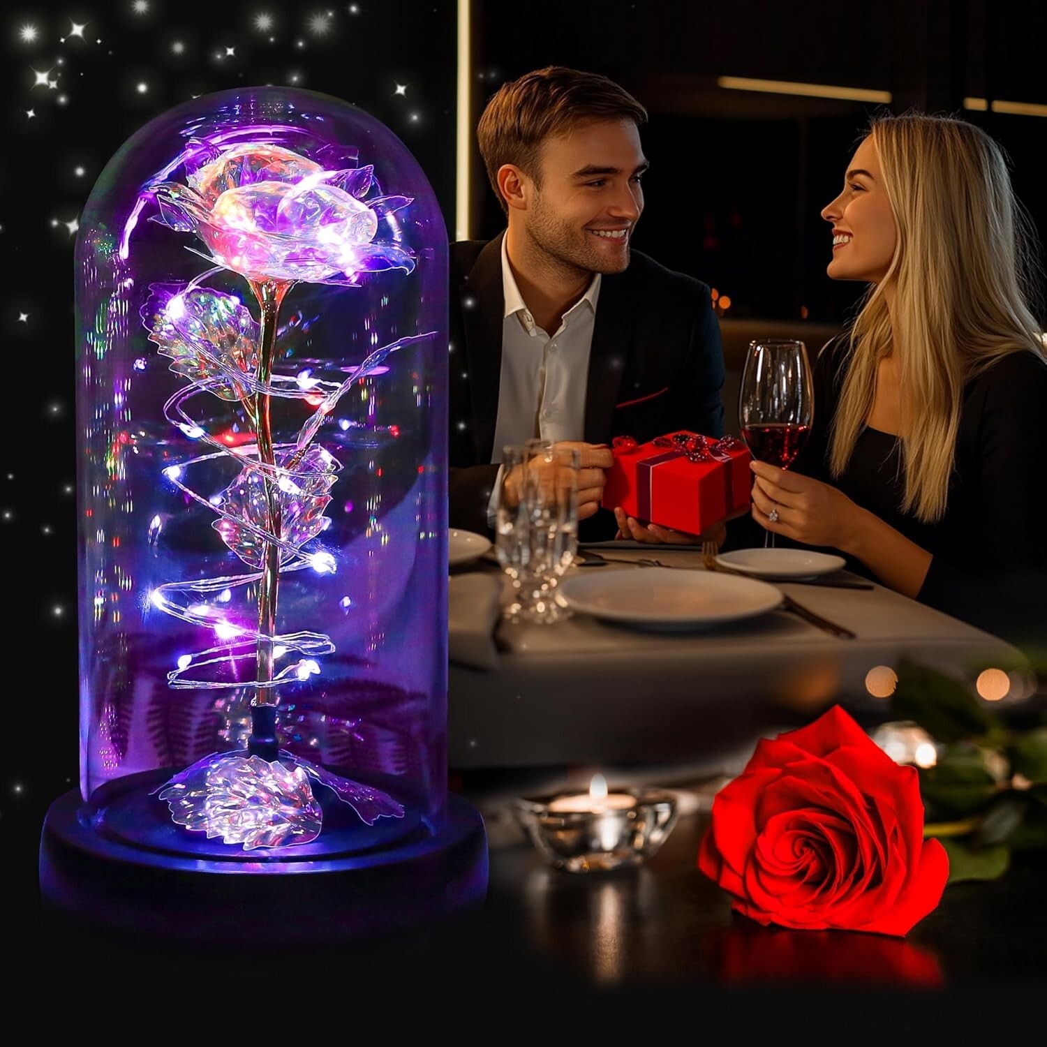 Rotating Valentines Day Gifts for Her, Birthday Gifts, Light Up Rose in Dome