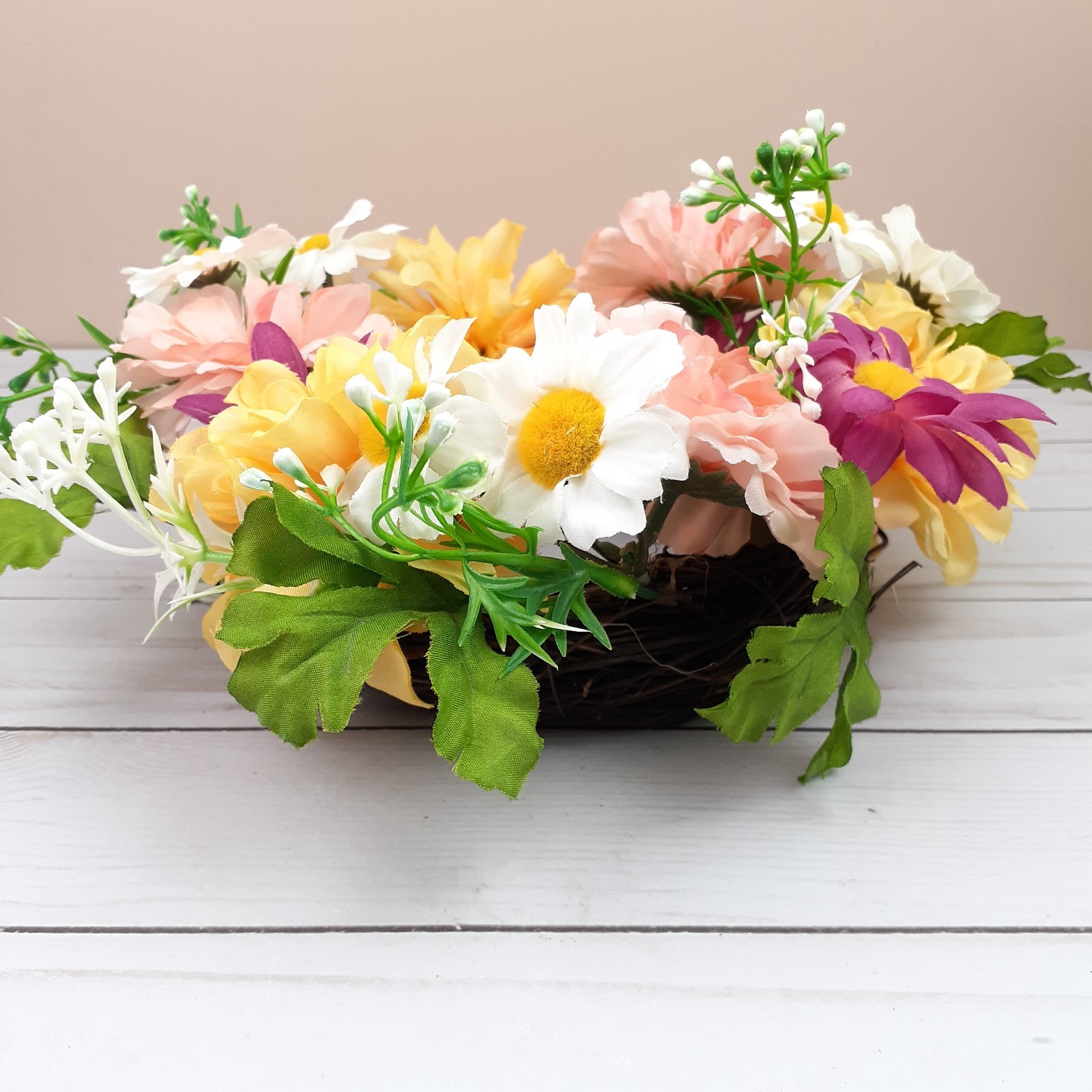 Candle Ring Wreath Peony Daisy Flowers Floral 5″ inside 10″ Overall