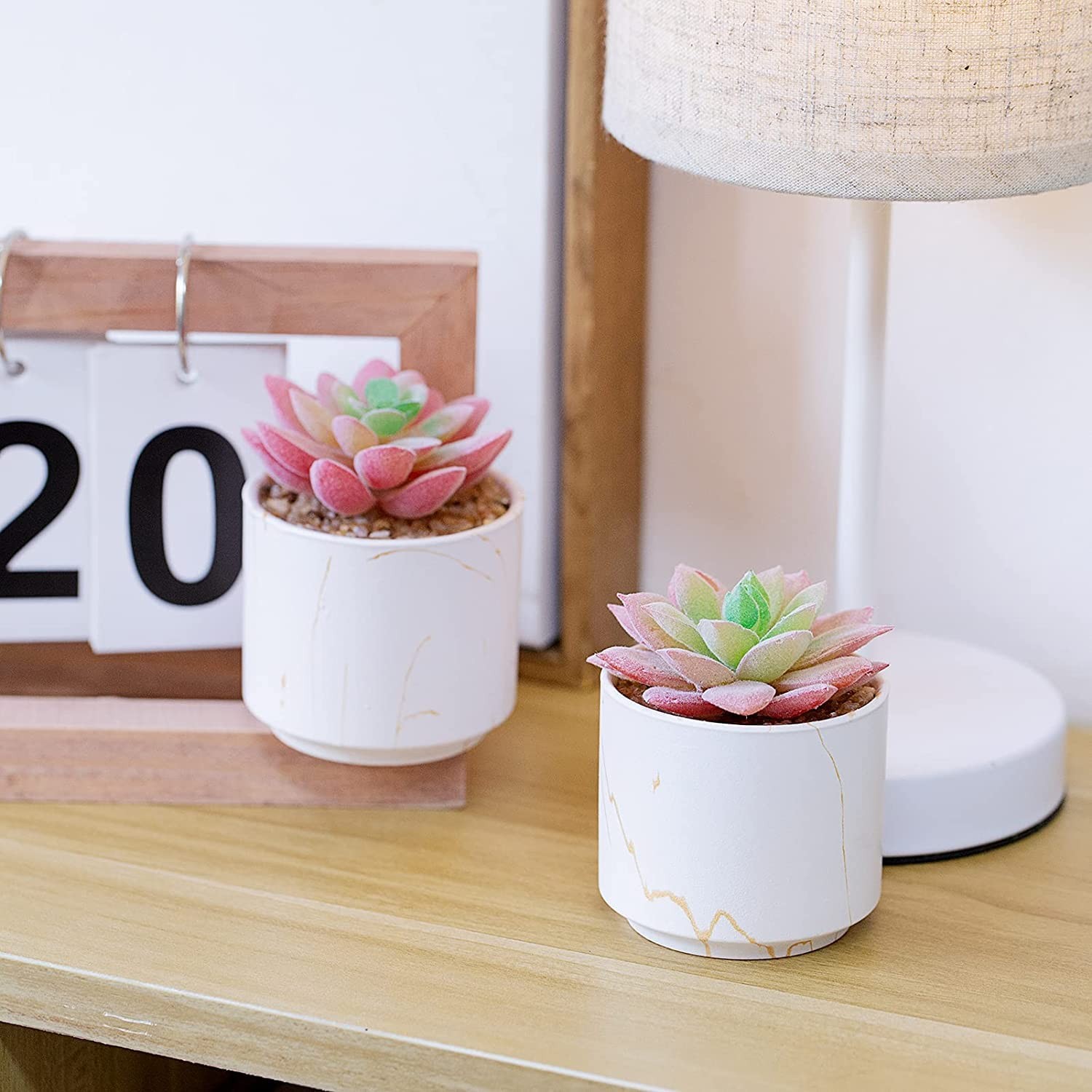 Faux Succulents Set Of 2, White Ceramic Pot Plants For Office Decor, White