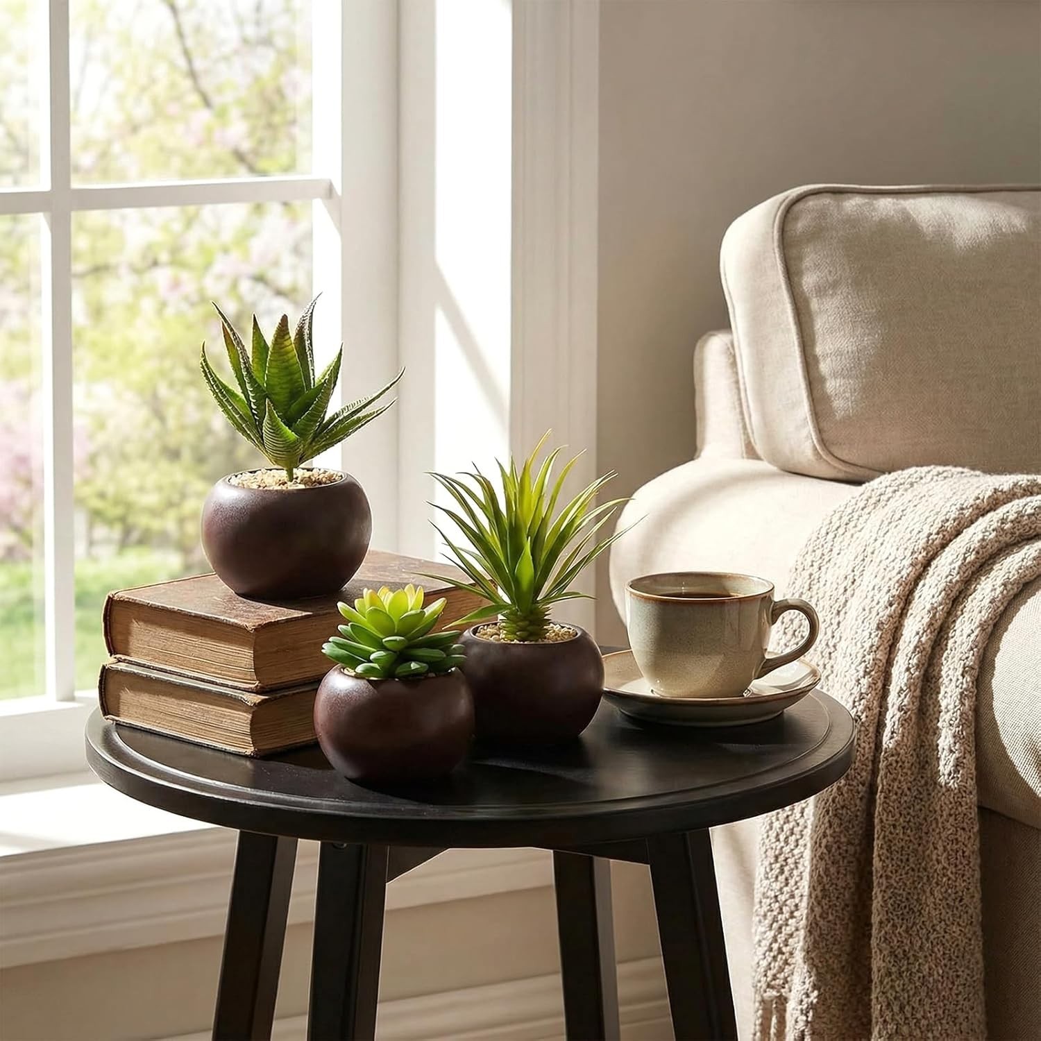 MyGift Set of 3 Potted Artificial Mini Succulent Plants in Brown Round Pots