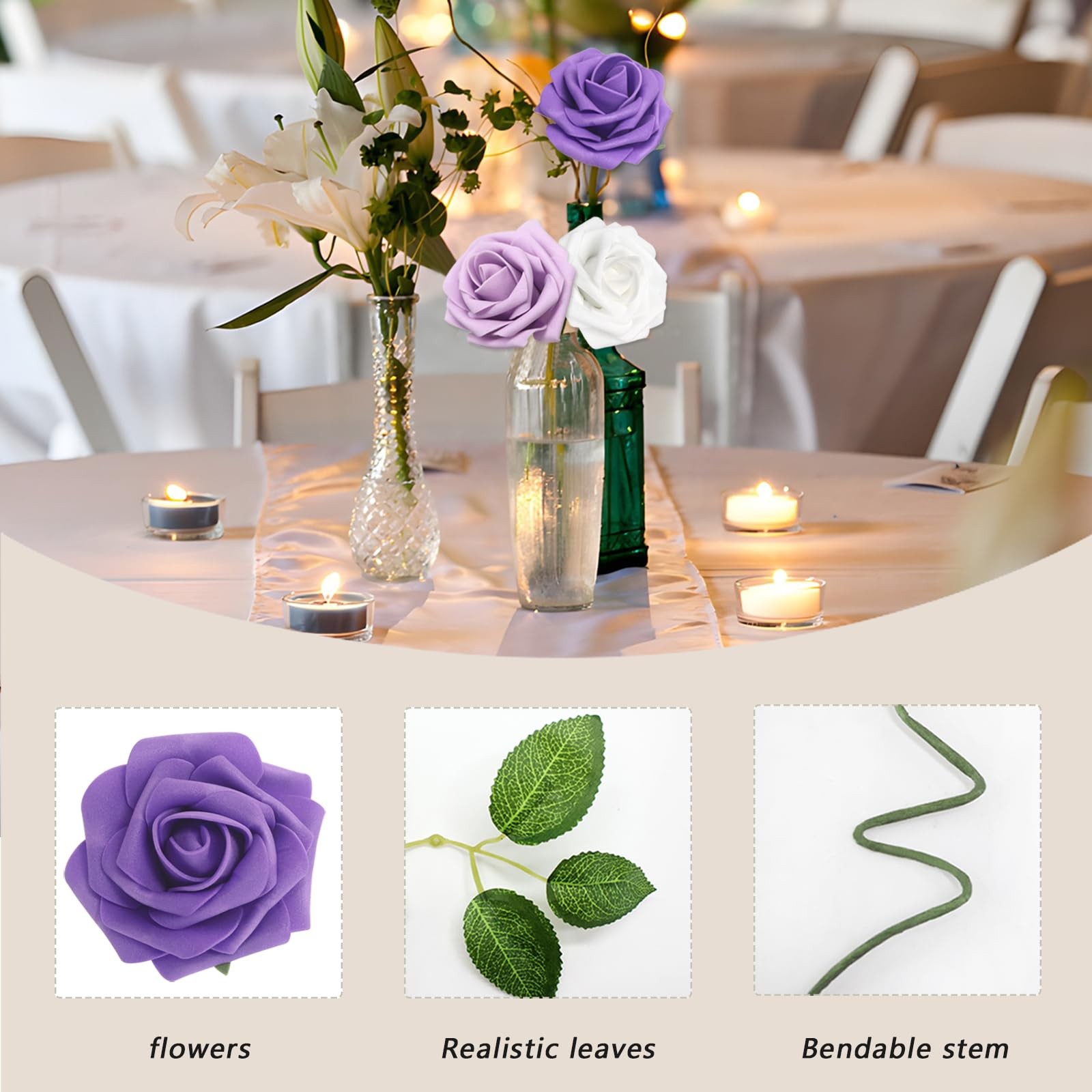 200PCS Artificial Flowers Purple Mixed Series Roses Real Looking Foam Fake Ro…