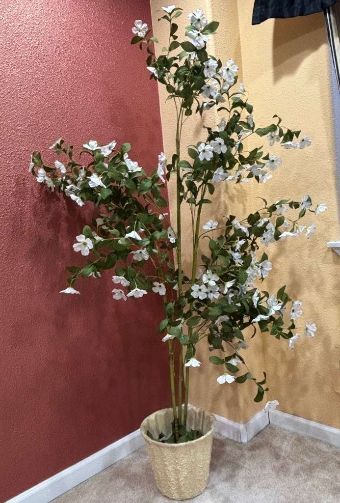 Artificial Dogwood Potted Tree 5 1/2 to 6′ Tall, Green and White Pre-Owned